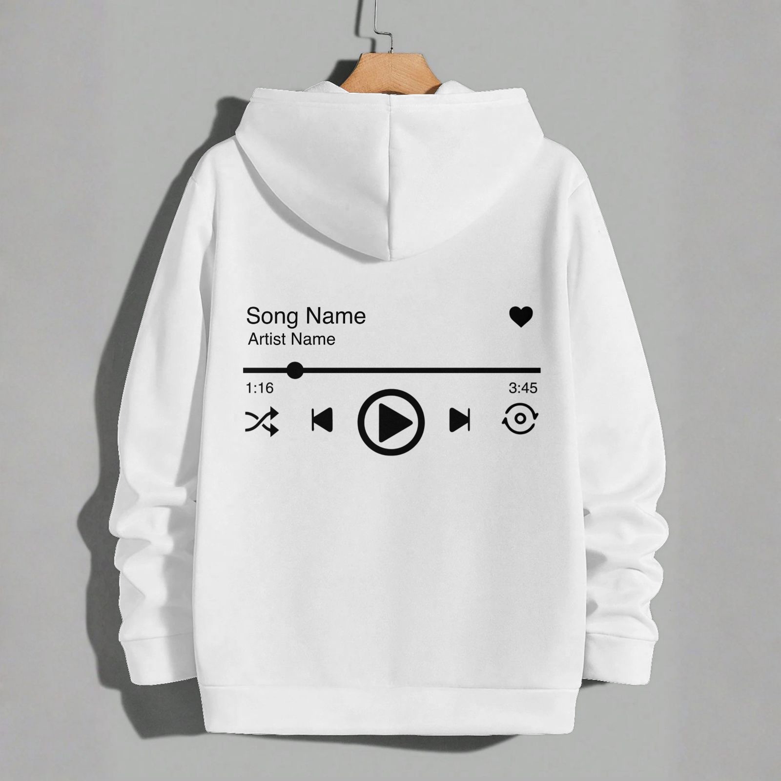 Individualisierbarer Kapuzenpullover mit einem Design, das einer Benutzeroberfläche einer mobilen Musikplayer-Software nachempfunden ist