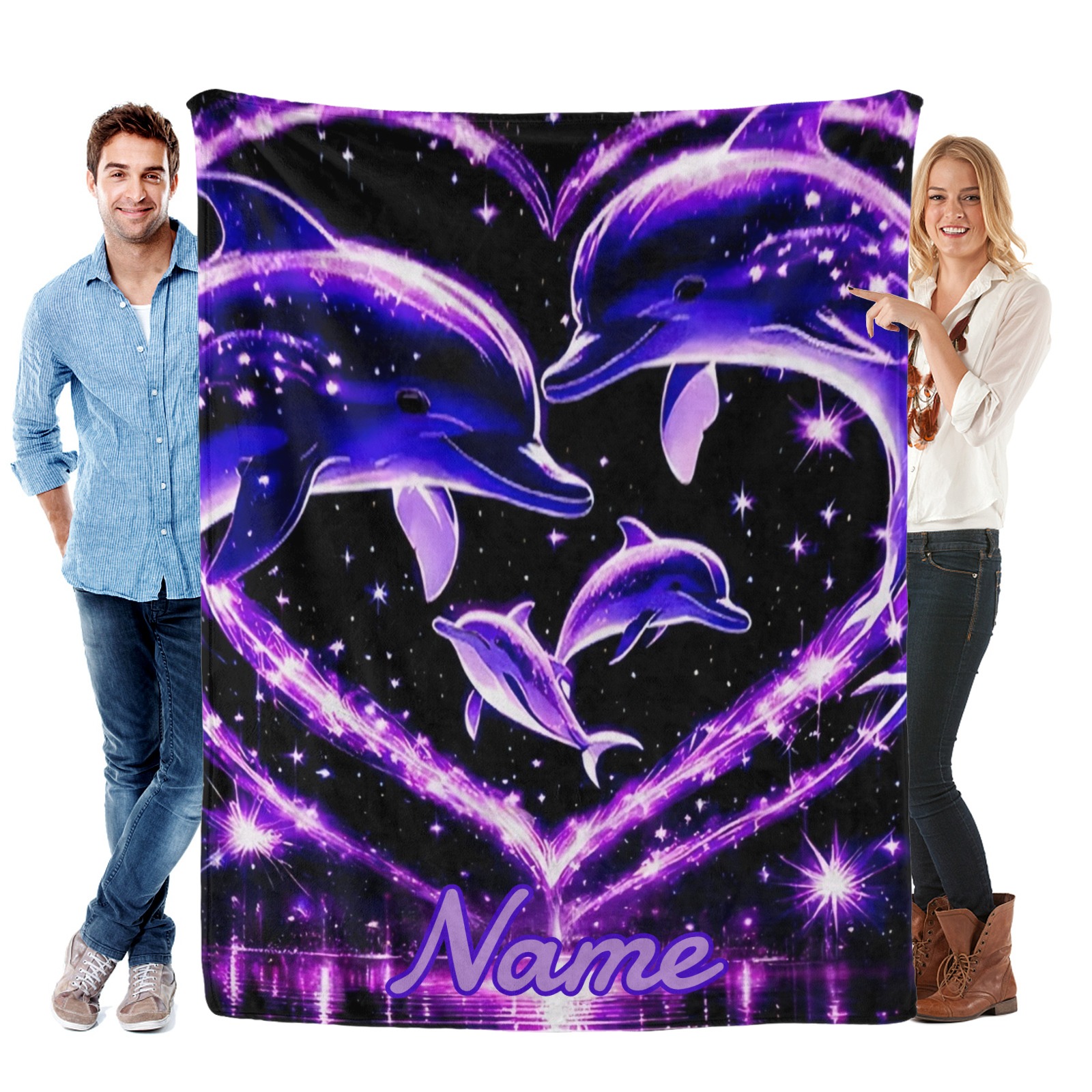 Decke mit lila Herz- und Delfinmuster personalisierbar mit Namen