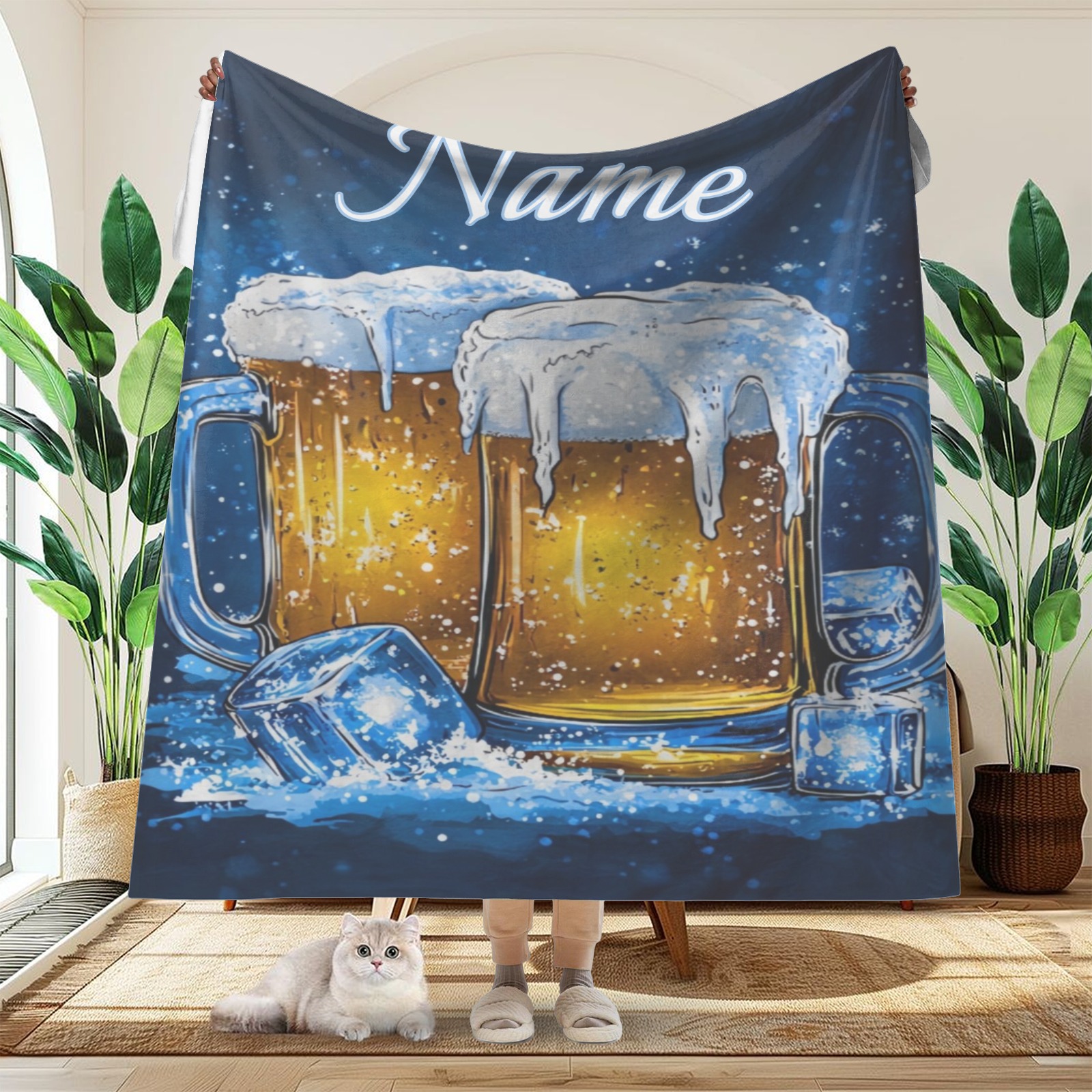 Personalisierte Decke mit einem Motiv von gekühltem Bier und individuellem Namen/Text