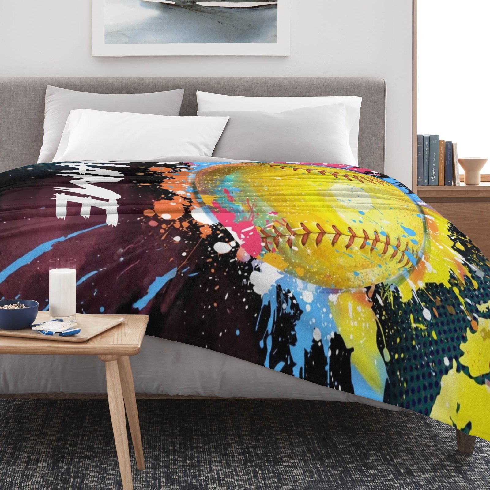 Personalisierte Decke mit farbenfrohem Tennisballmuster im Ölfarbenstil und individuellem Namen