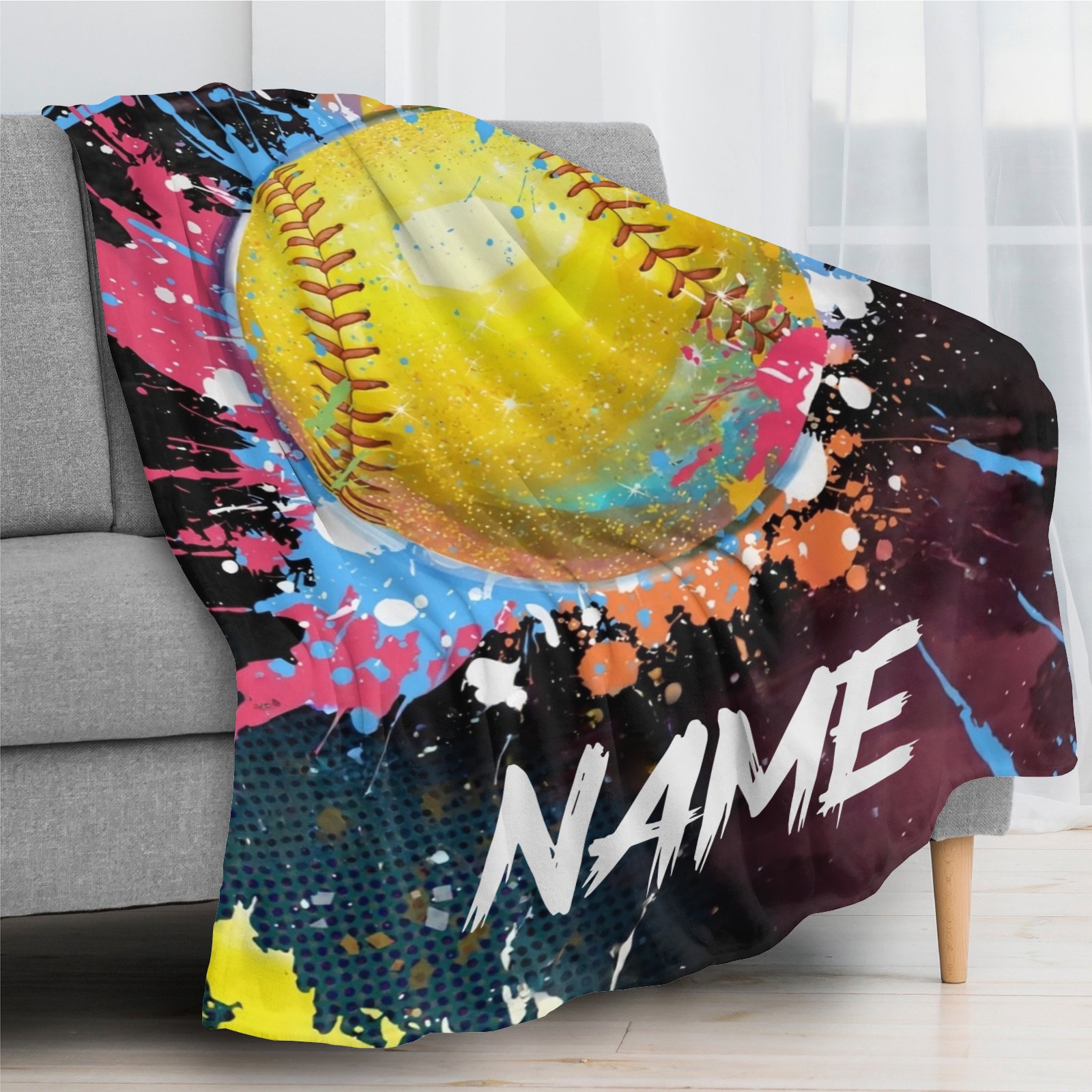 Personalisierte Decke mit farbenfrohem Tennisballmuster im Ölfarbenstil und individuellem Namen