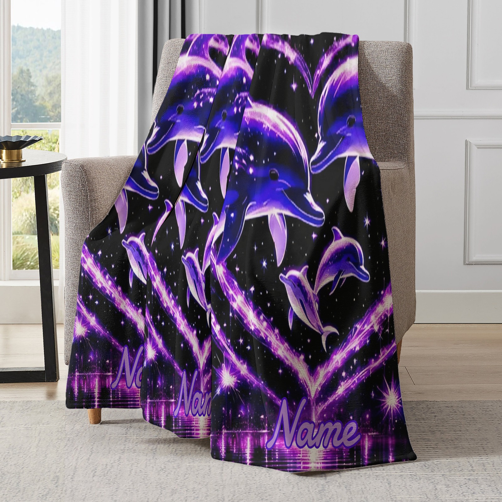 Decke mit lila Herz- und Delfinmuster personalisierbar mit Namen