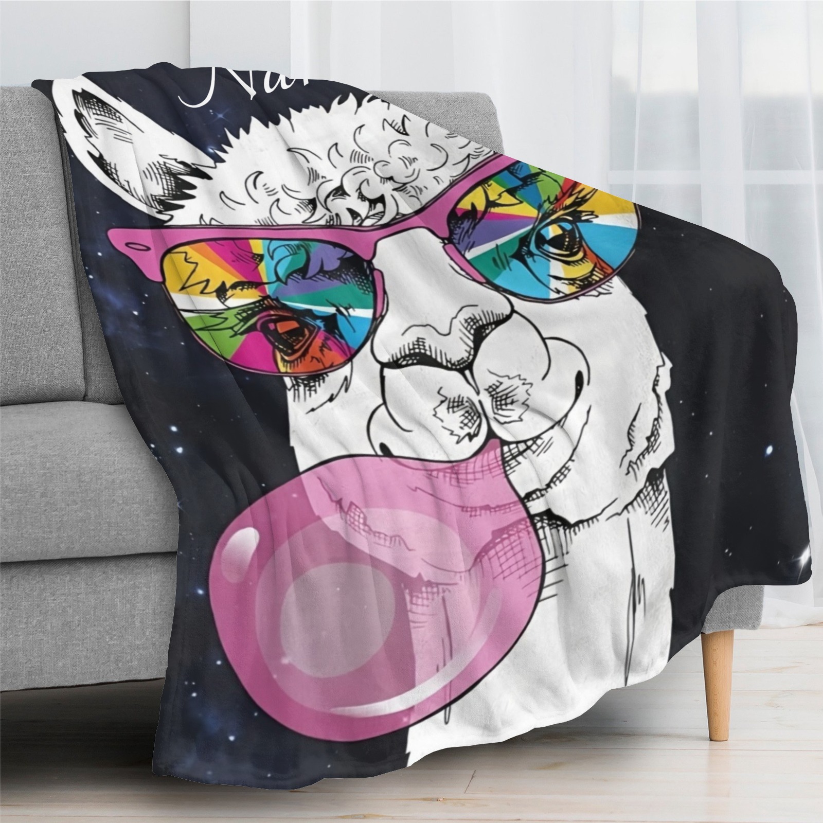 Alpaka-Kaugummi-Decke mit lustigem Tiermotiv und personalisiertem Namen