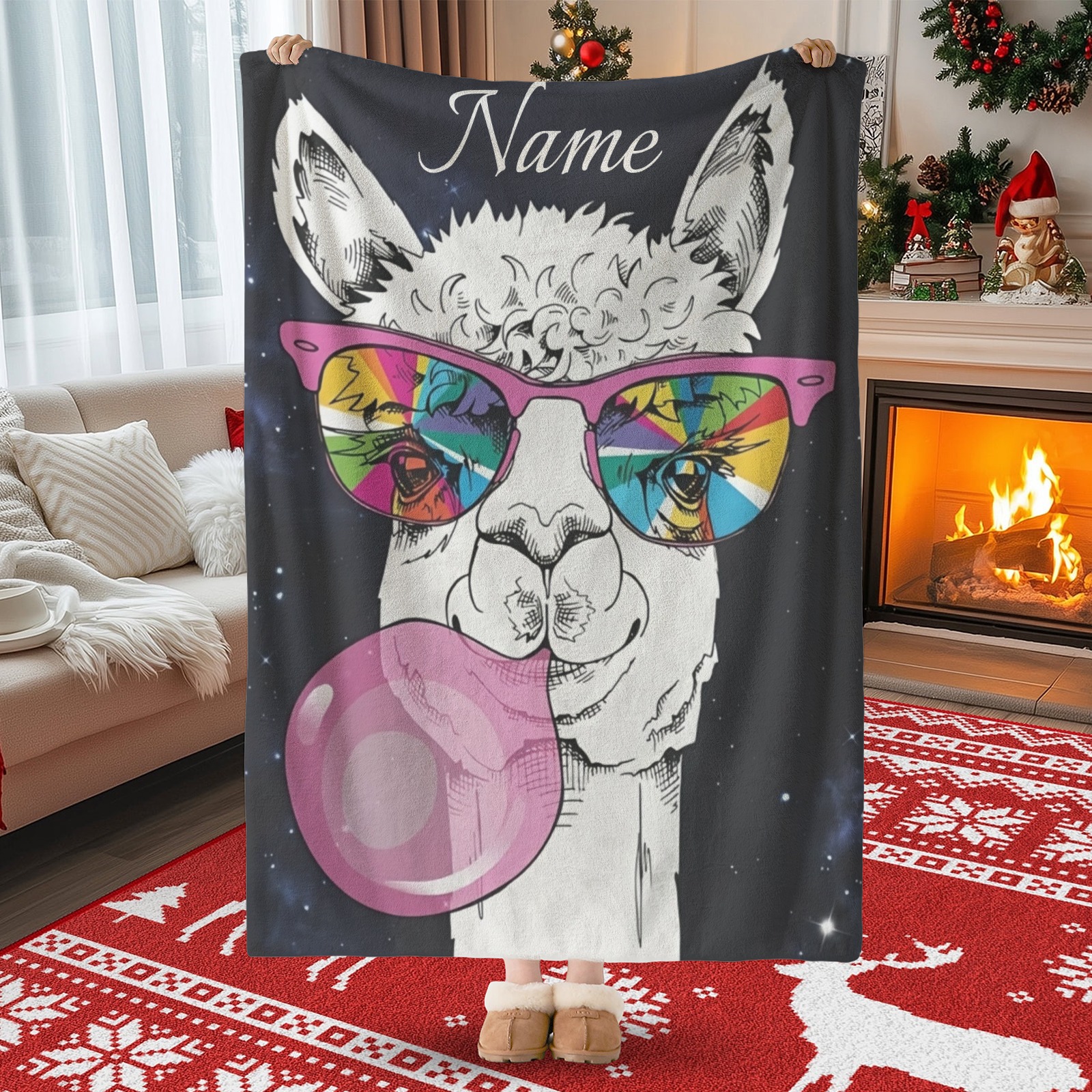 Alpaka-Kaugummi-Decke mit lustigem Tiermotiv und personalisiertem Namen
