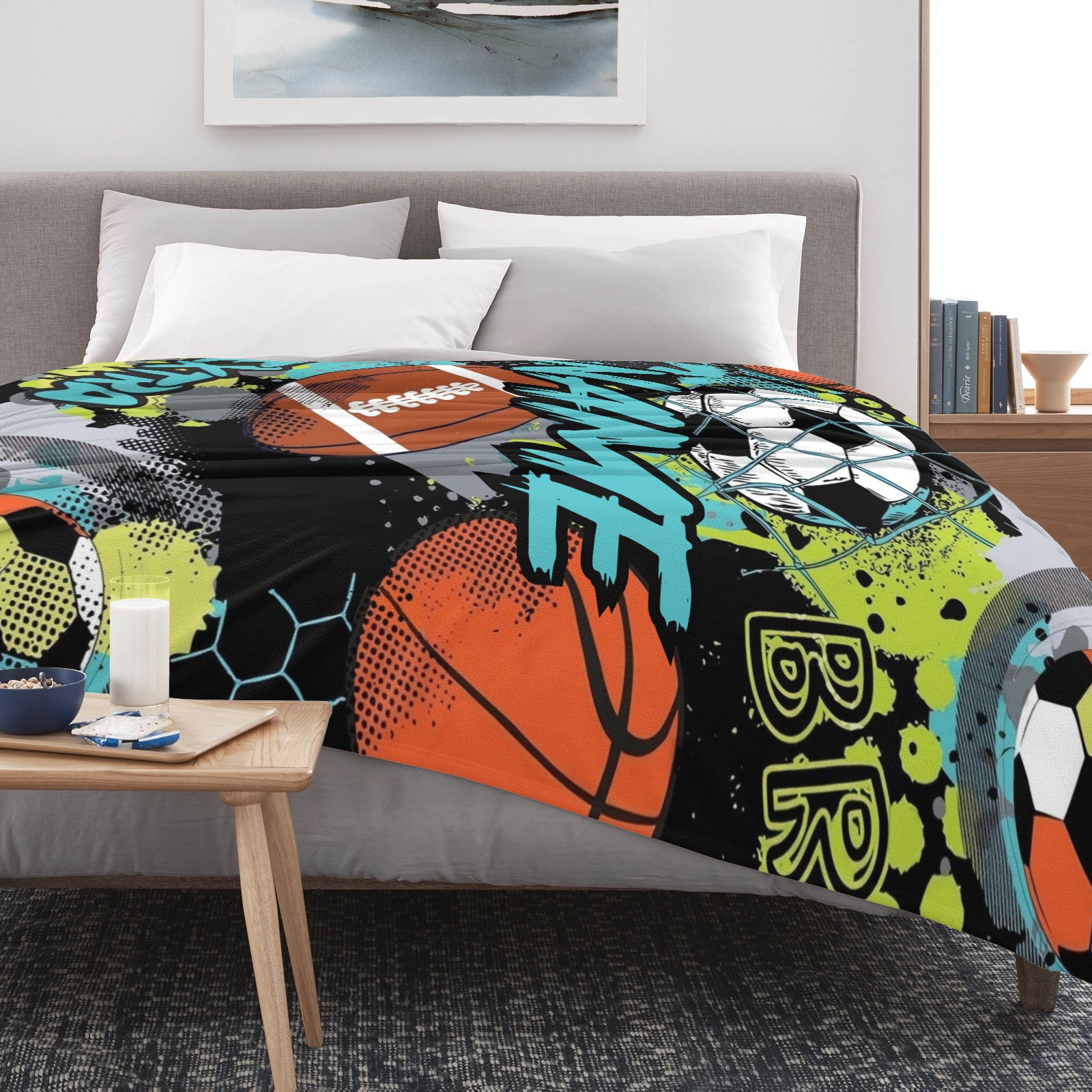 Bedruckte Decken mit Ballsportmotiven und personalisierten Namen