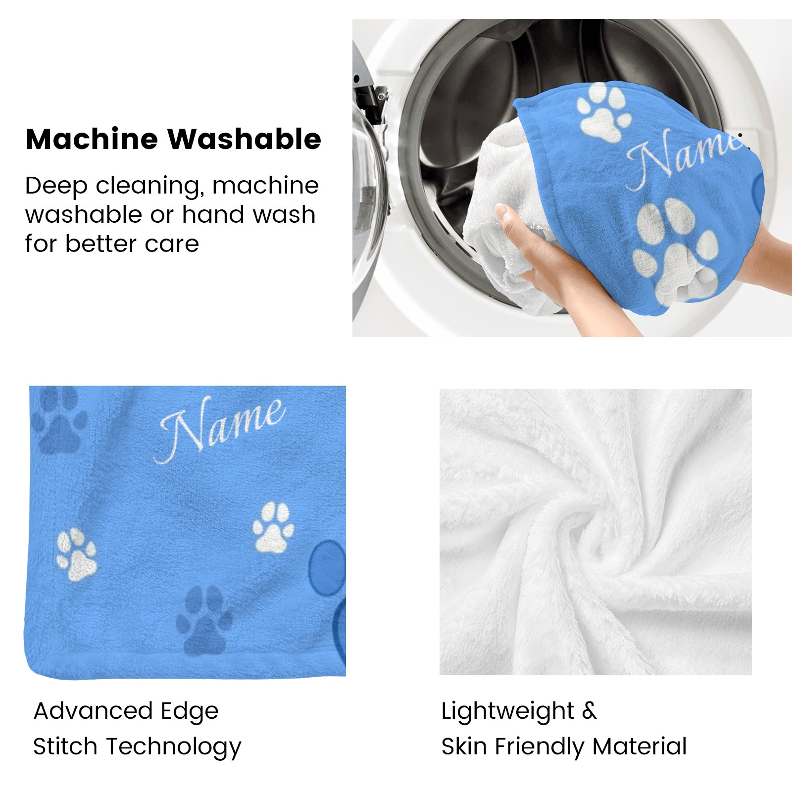 Decke mit Pfotenabdruckmuster und aufgedrucktem Haustiernamen.