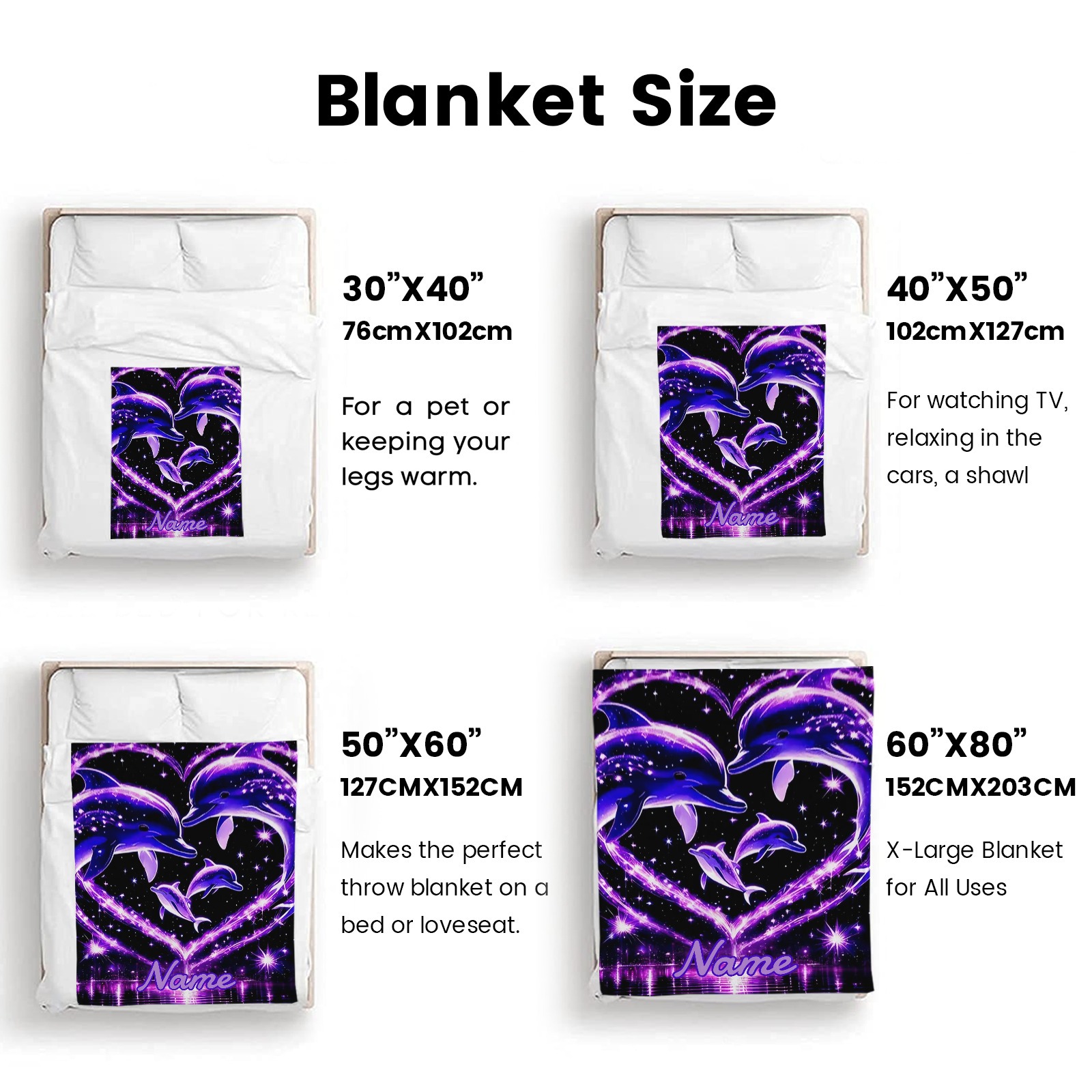 Decke mit lila Herz- und Delfinmuster personalisierbar mit Namen