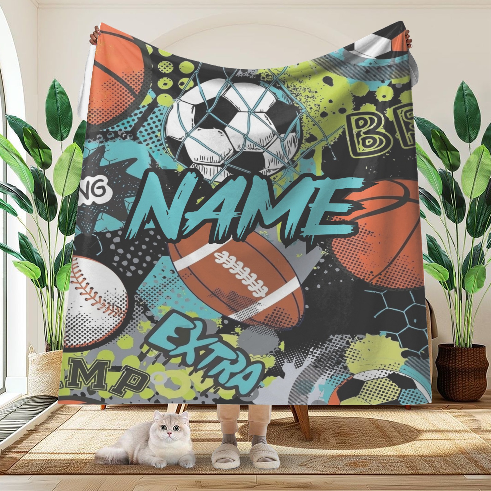 Bedruckte Decken mit Ballsportmotiven und personalisierten Namen