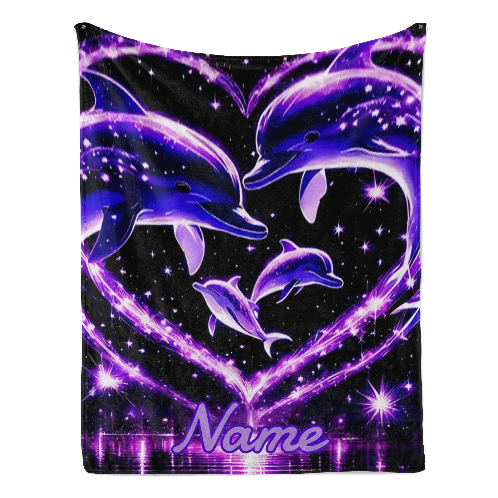 Decke mit lila Herz- und Delfinmuster personalisierbar mit Namen