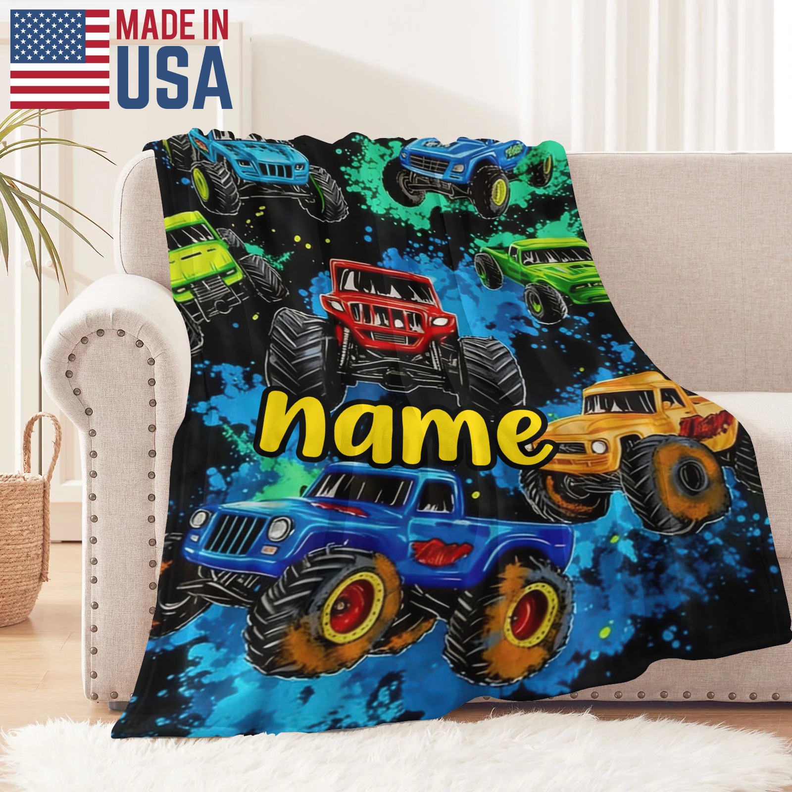 Personalisierte Decke mit Pickup-Truck-Motiv und Wunschnamen