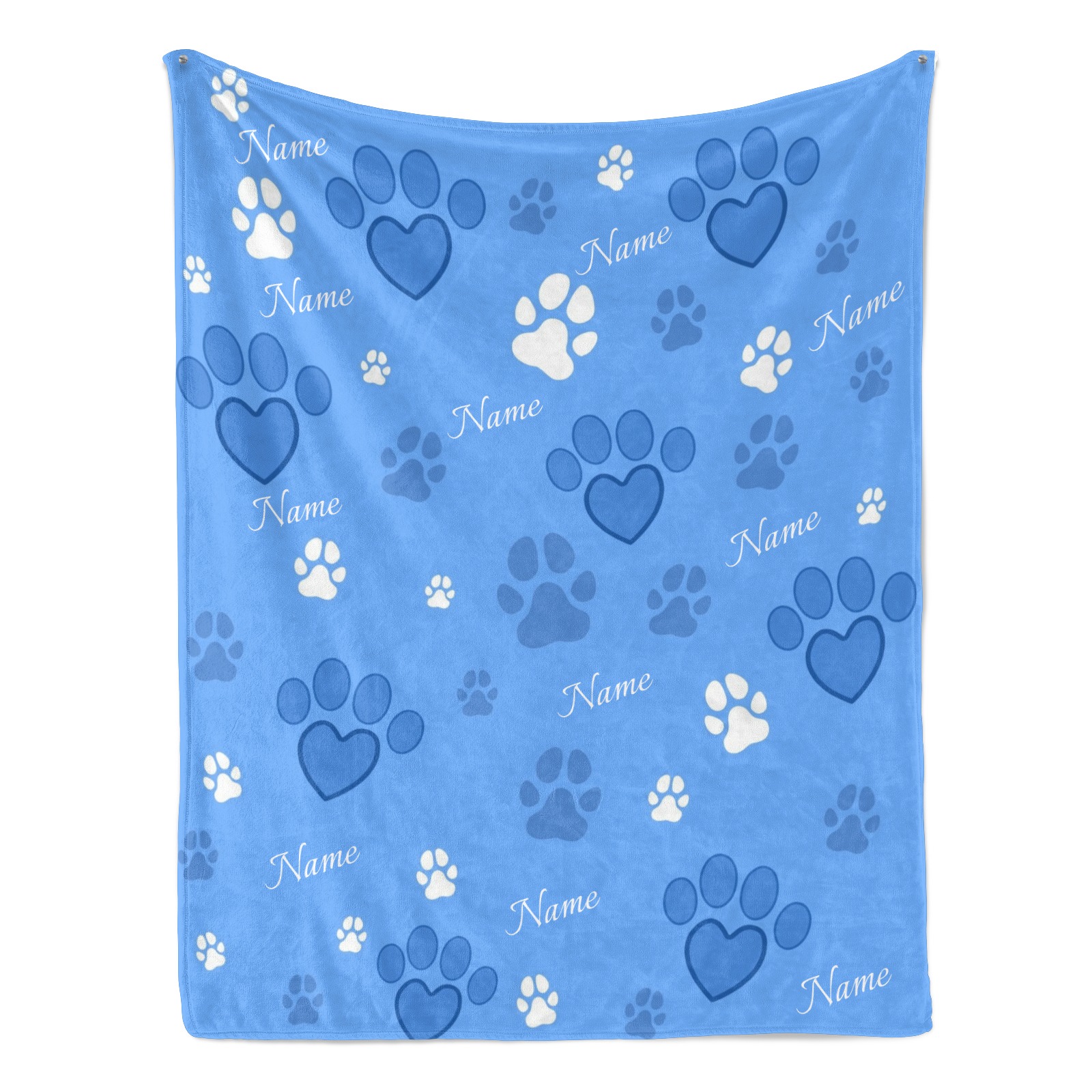 Decke mit Pfotenabdruckmuster und aufgedrucktem Haustiernamen.