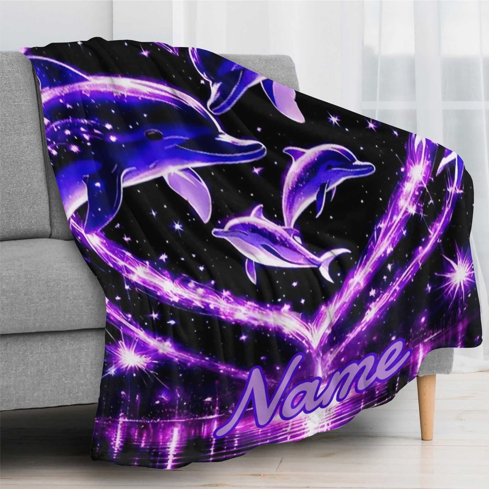 Decke mit lila Herz- und Delfinmuster personalisierbar mit Namen