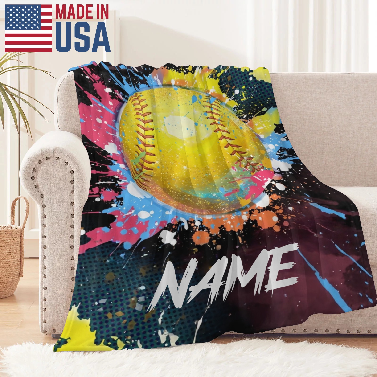 Personalisierte Decke mit farbenfrohem Tennisballmuster im Ölfarbenstil und individuellem Namen