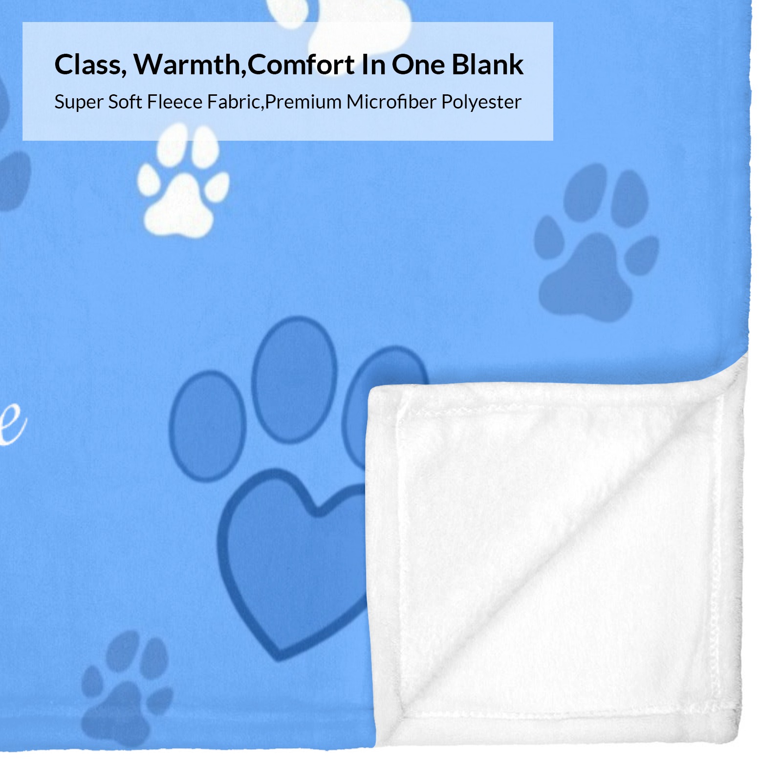 Decke mit Pfotenabdruckmuster und aufgedrucktem Haustiernamen.