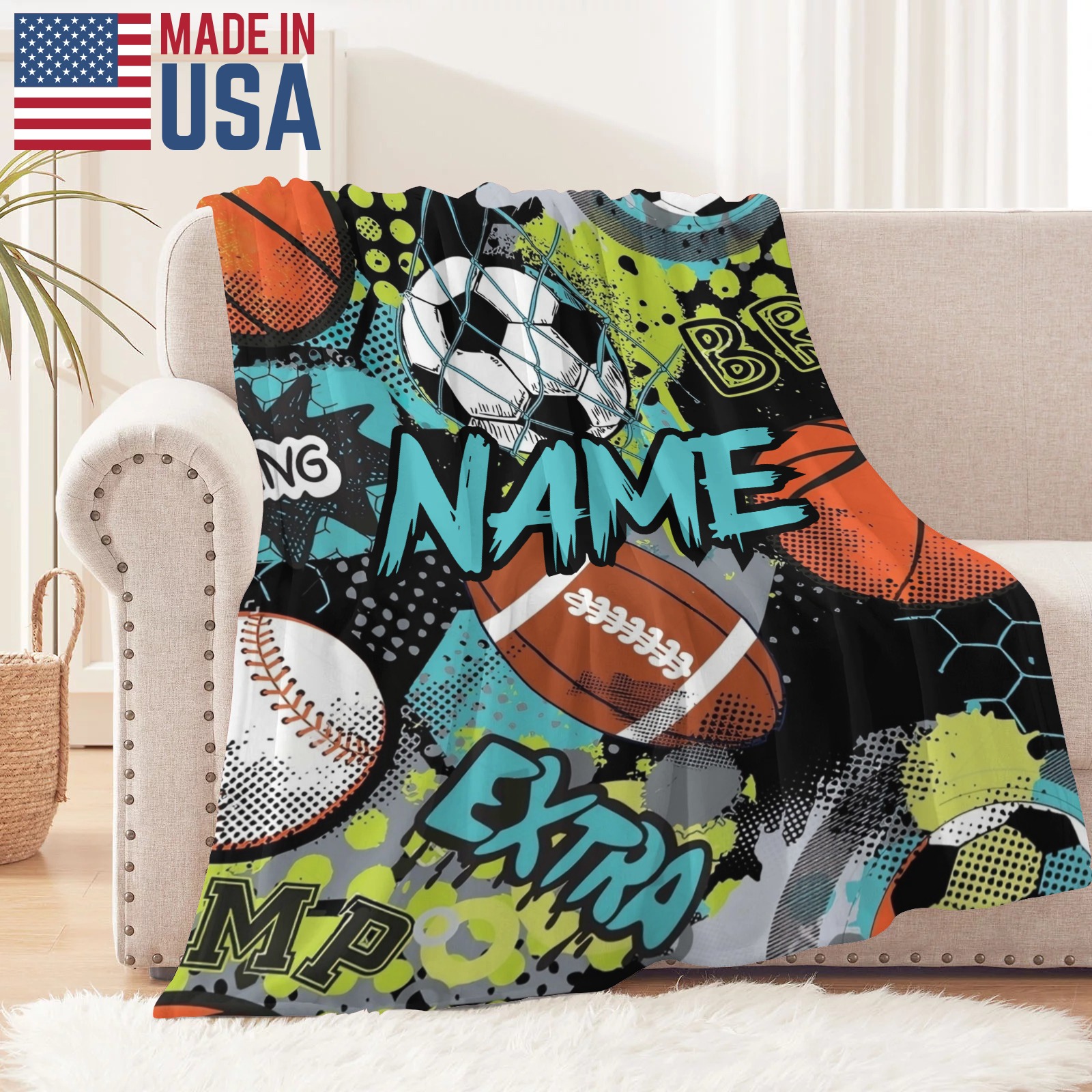 Bedruckte Decken mit Ballsportmotiven und personalisierten Namen