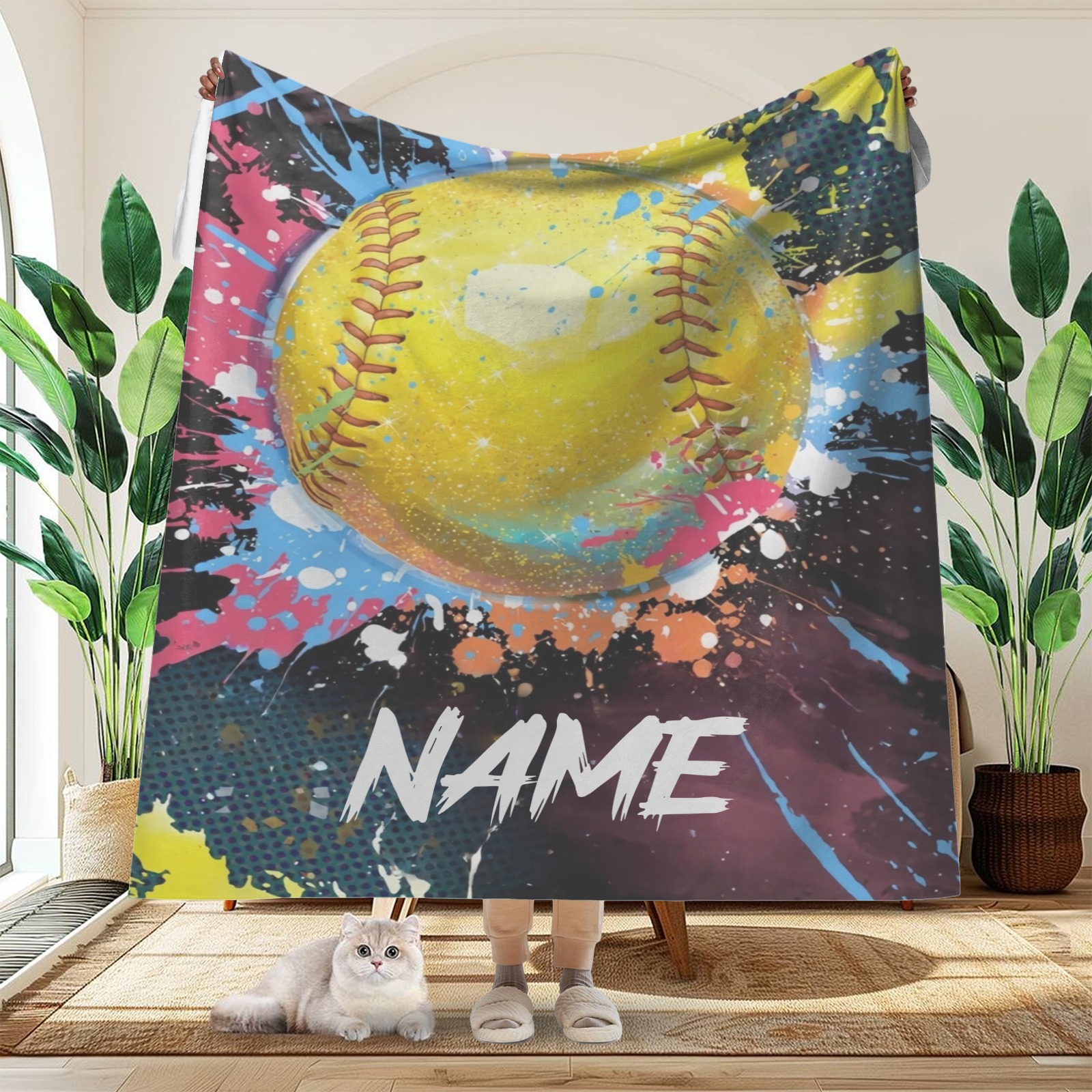 Personalisierte Decke mit farbenfrohem Tennisballmuster im Ölfarbenstil und individuellem Namen