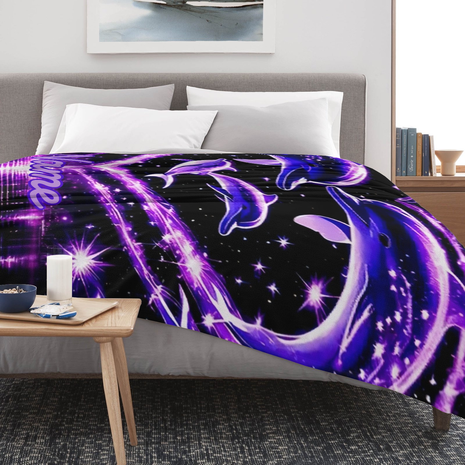 Decke mit lila Herz- und Delfinmuster personalisierbar mit Namen