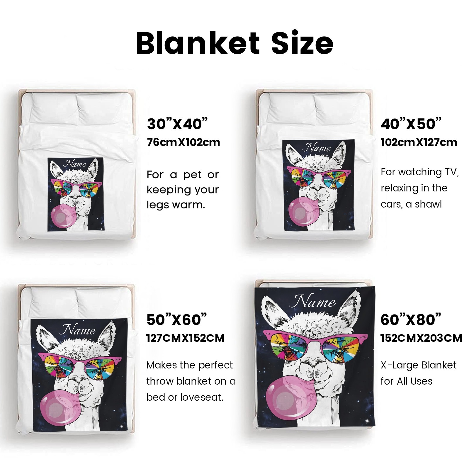 Alpaka-Kaugummi-Decke mit lustigem Tiermotiv und personalisiertem Namen