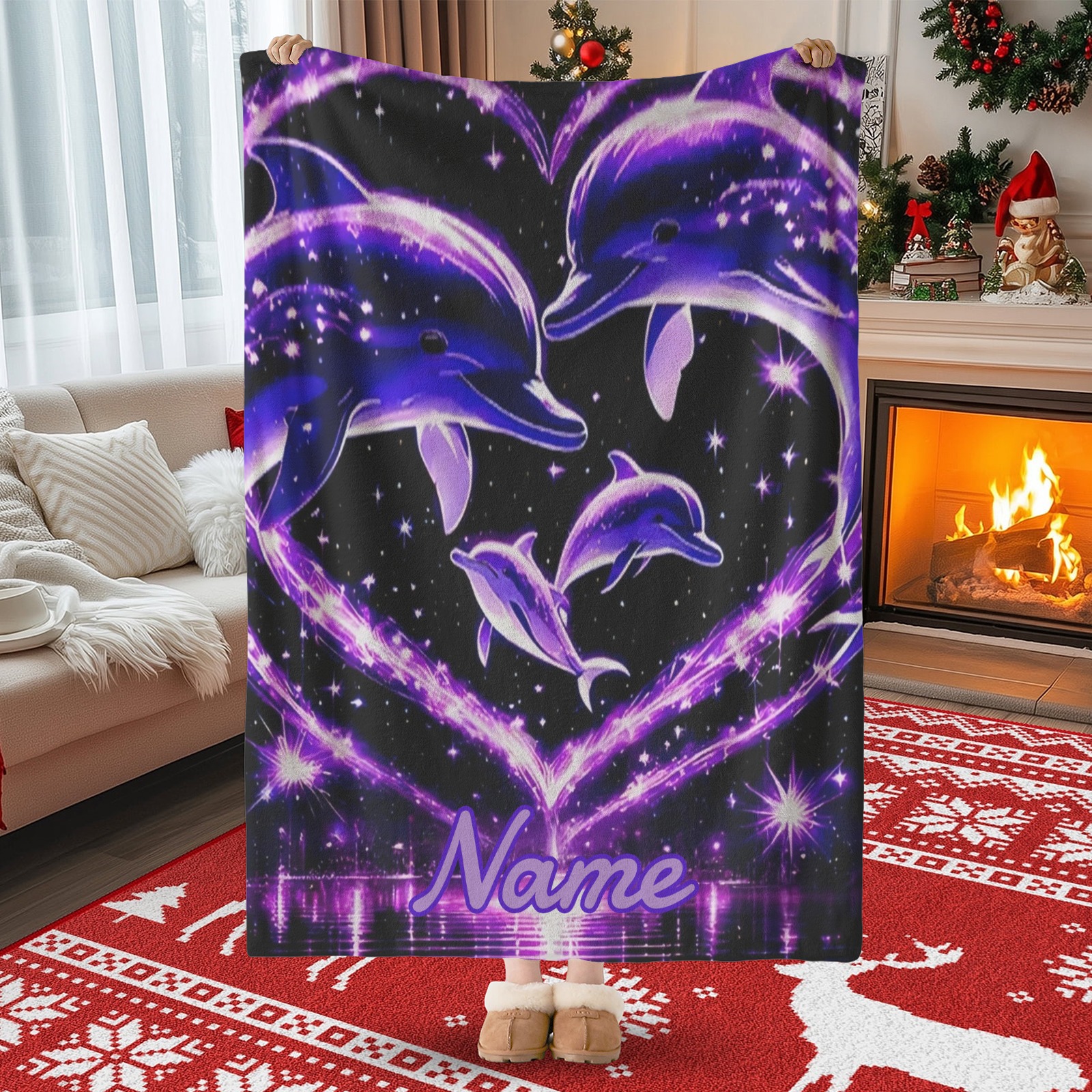 Decke mit lila Herz- und Delfinmuster personalisierbar mit Namen