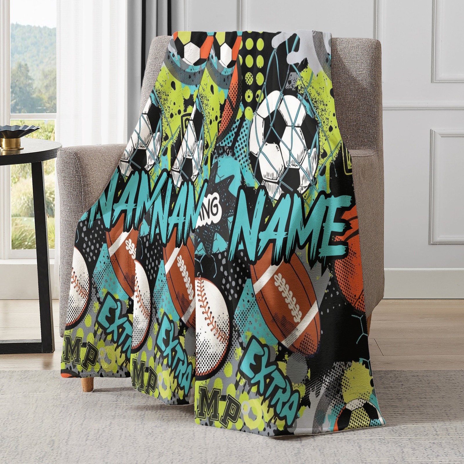 Bedruckte Decken mit Ballsportmotiven und personalisierten Namen