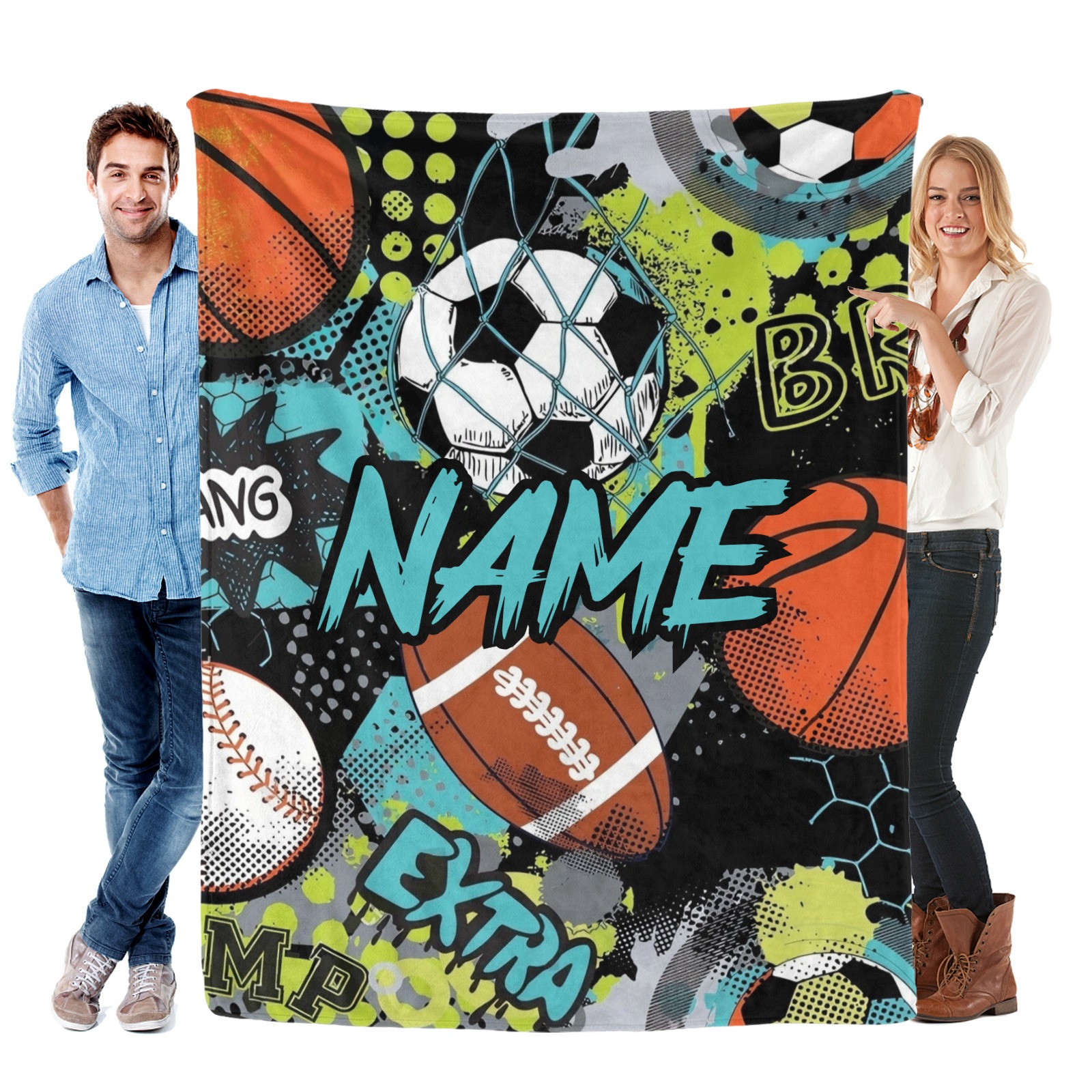 Bedruckte Decken mit Ballsportmotiven und personalisierten Namen