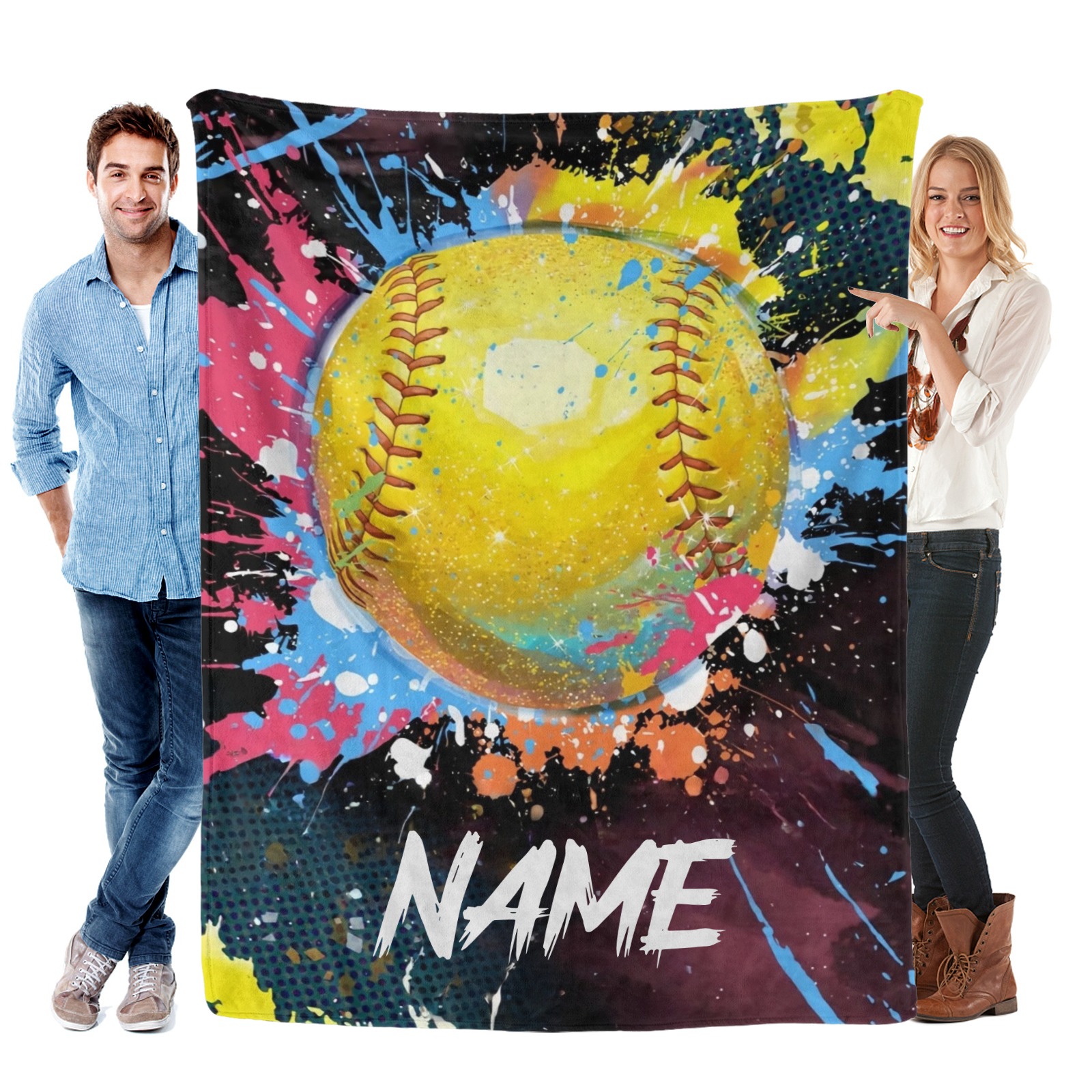 Personalisierte Decke mit farbenfrohem Tennisballmuster im Ölfarbenstil und individuellem Namen