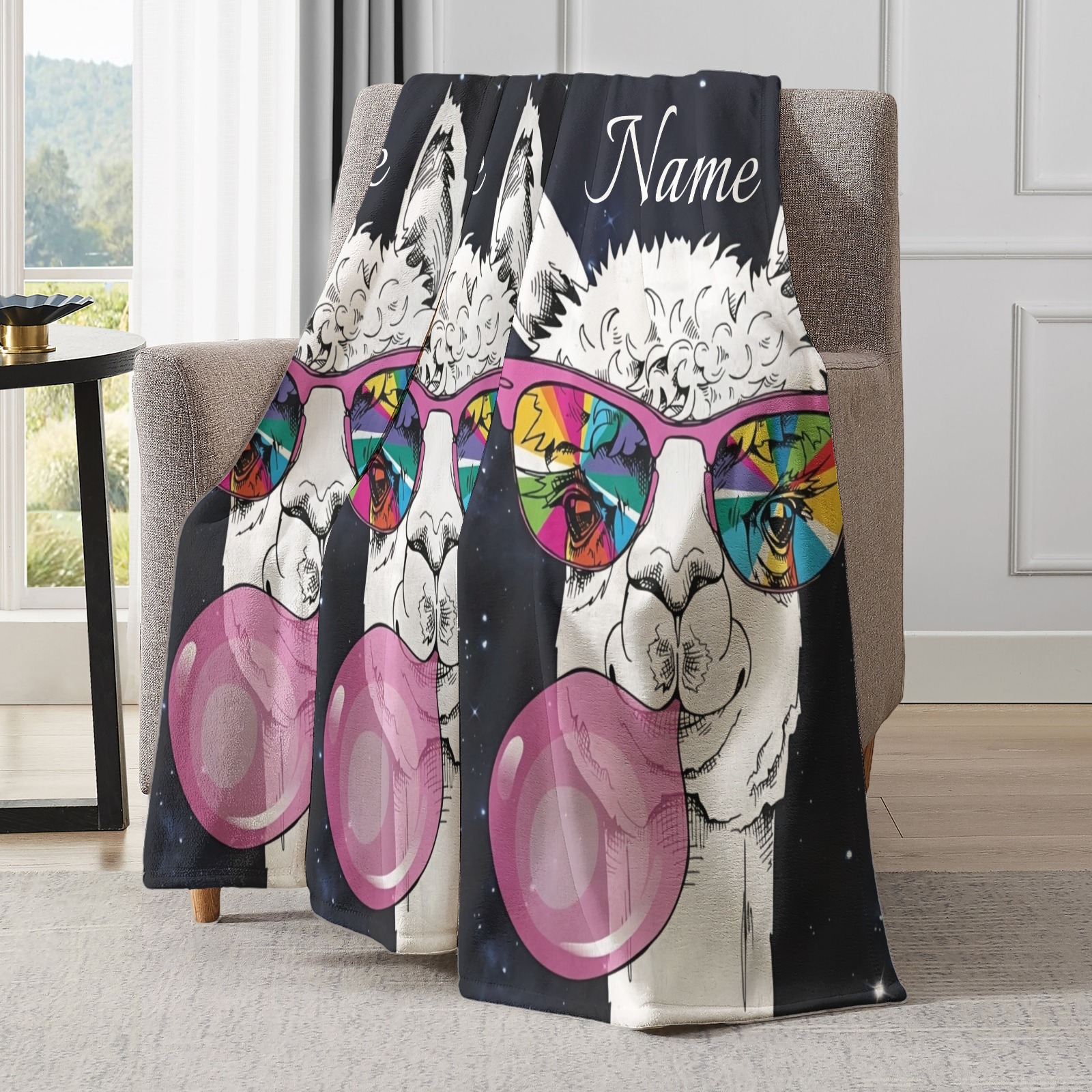 Alpaka-Kaugummi-Decke mit lustigem Tiermotiv und personalisiertem Namen