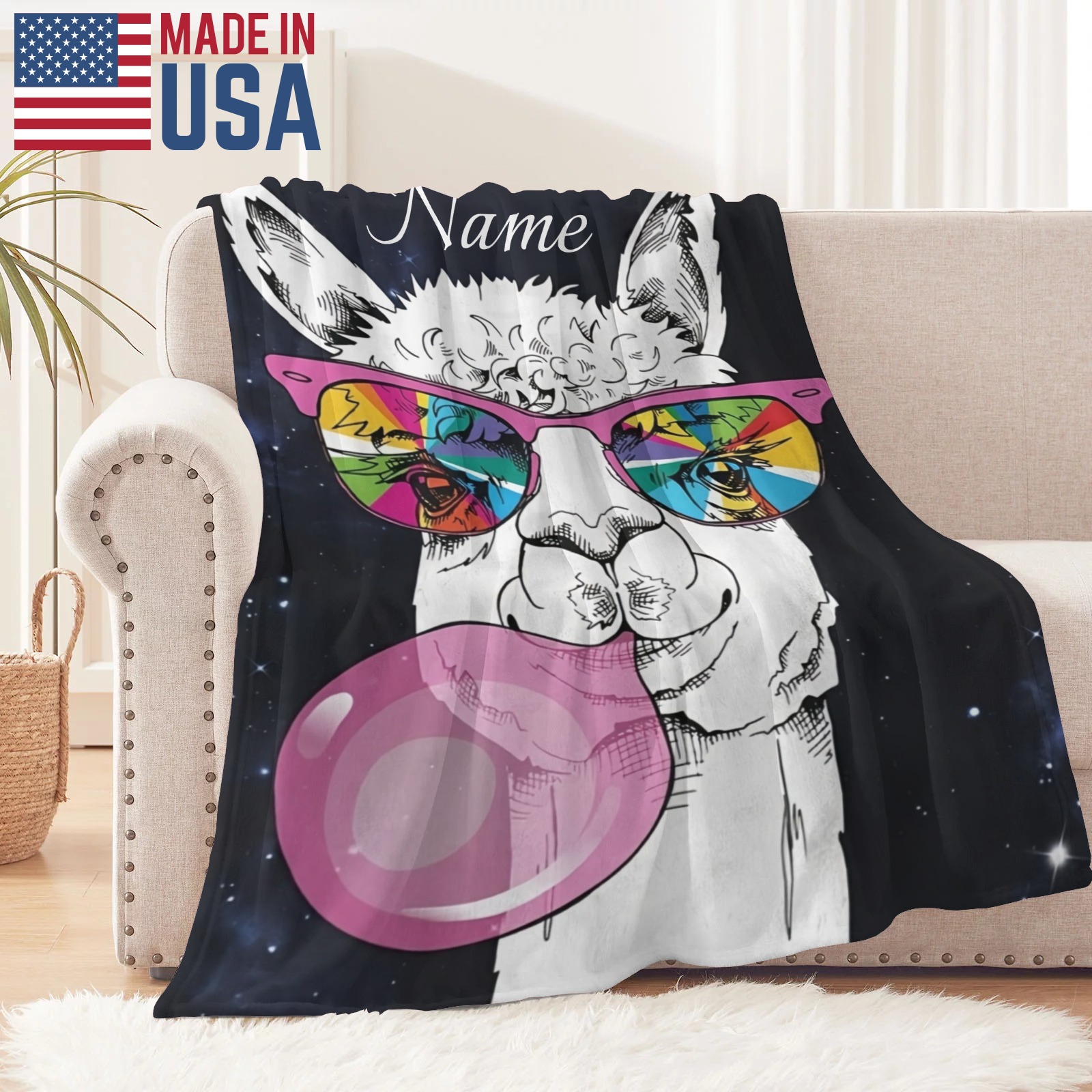 Alpaka-Kaugummi-Decke mit lustigem Tiermotiv und personalisiertem Namen
