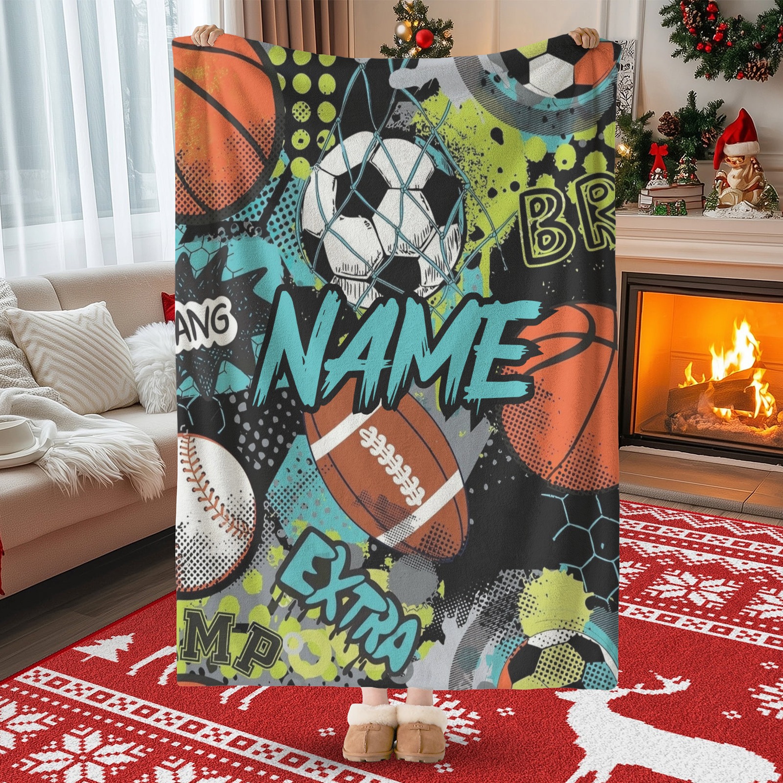 Bedruckte Decken mit Ballsportmotiven und personalisierten Namen