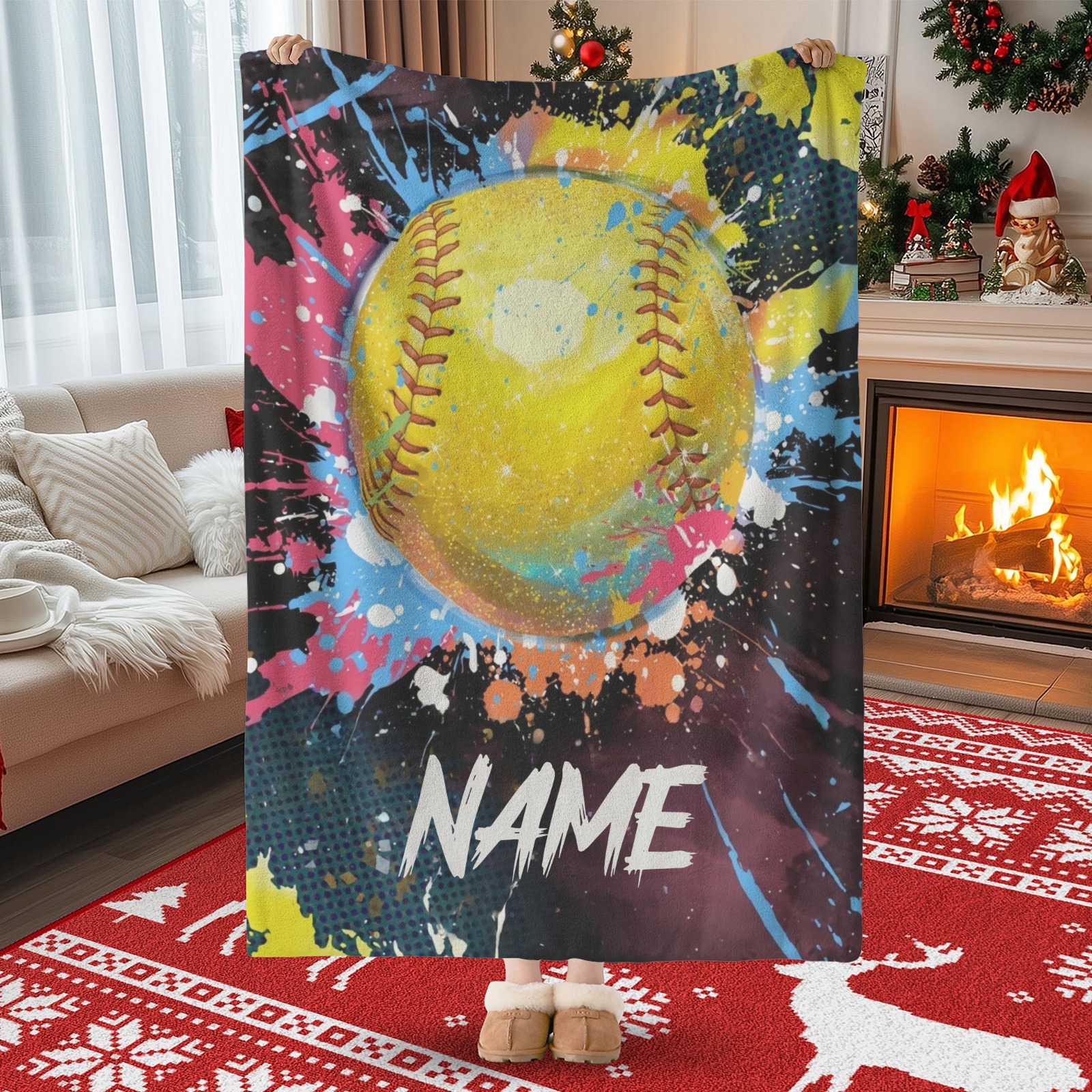 Personalisierte Decke mit farbenfrohem Tennisballmuster im Ölfarbenstil und individuellem Namen