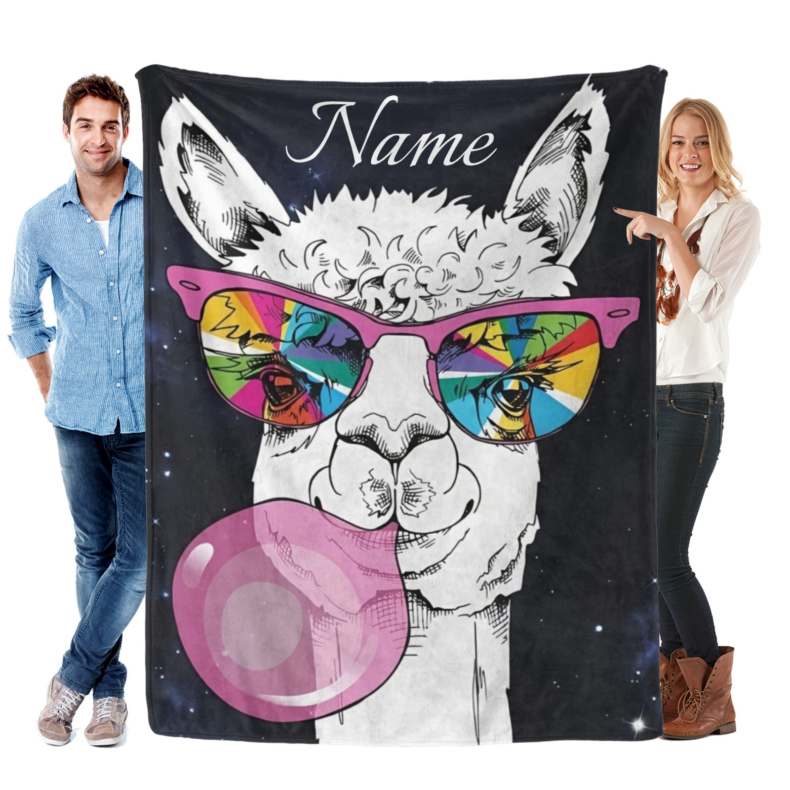 Alpaka-Kaugummi-Decke mit lustigem Tiermotiv und personalisiertem Namen