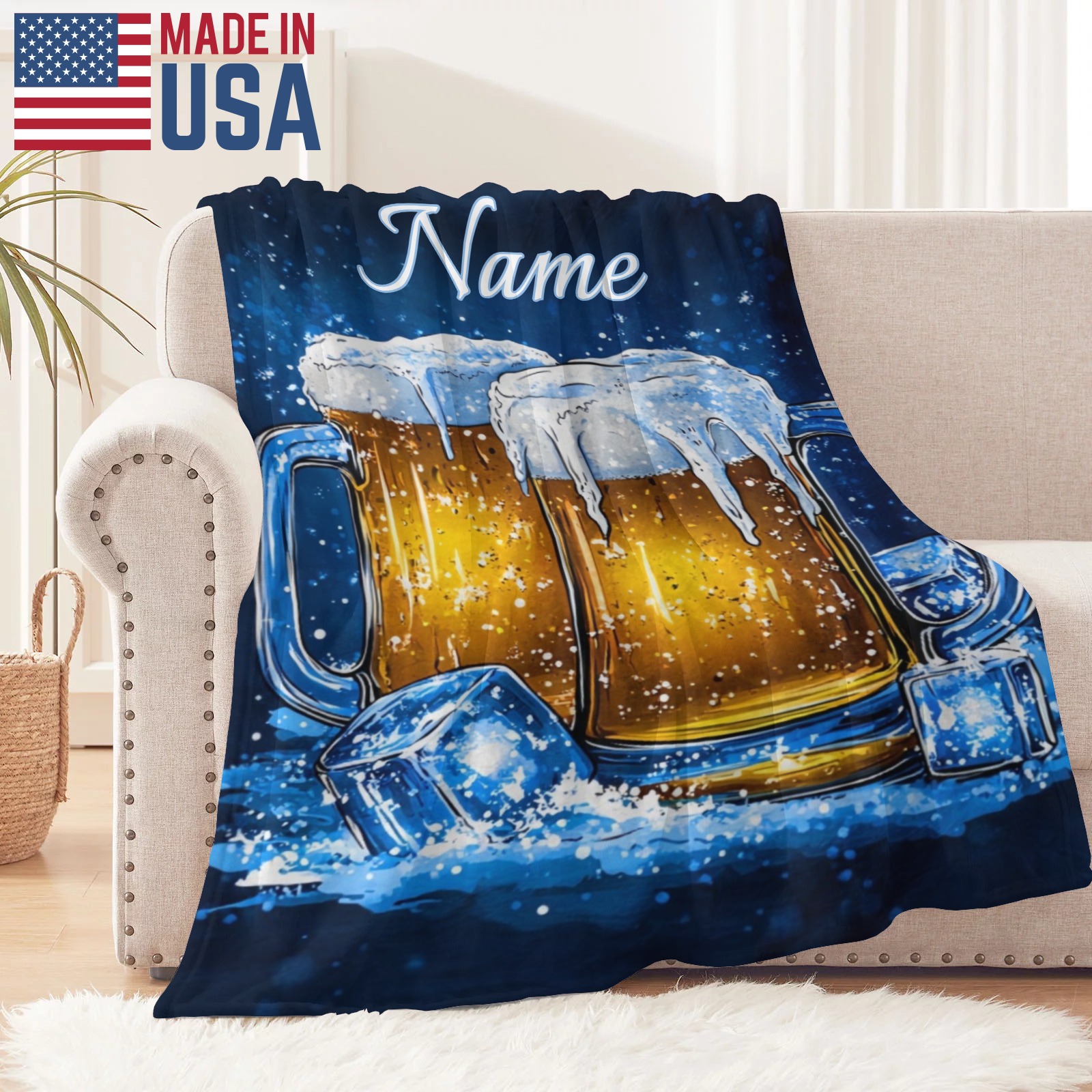 Personalisierte Decke mit einem Motiv von gekühltem Bier und individuellem Namen/Text
