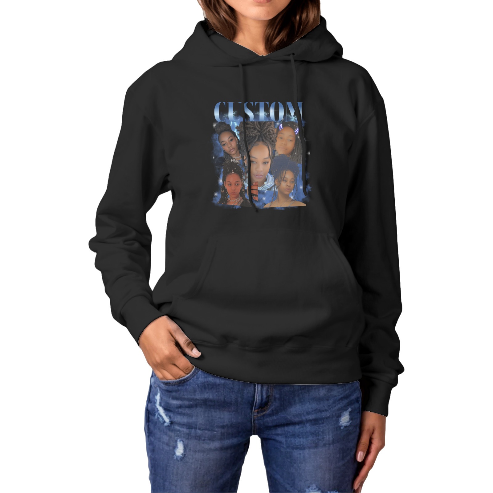 Individuell gestalteter Kapuzenpullover mit einer Sammlung persönlicher Fotos