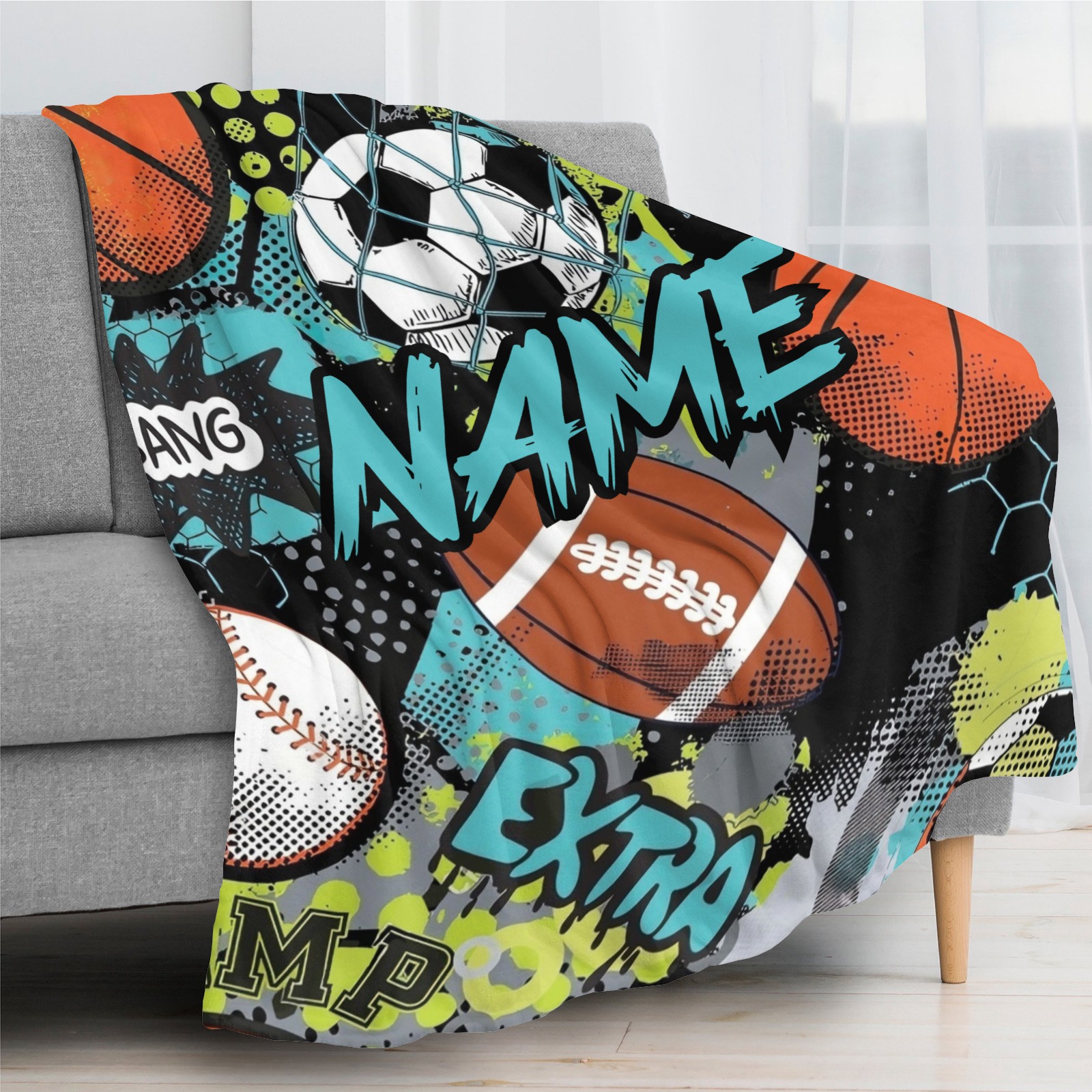 Bedruckte Decken mit Ballsportmotiven und personalisierten Namen