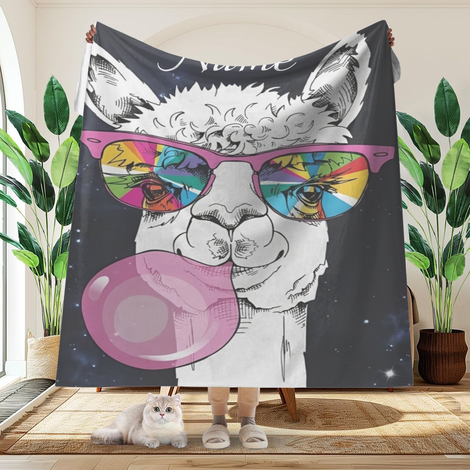 Alpaka-Kaugummi-Decke mit lustigem Tiermotiv und personalisiertem Namen