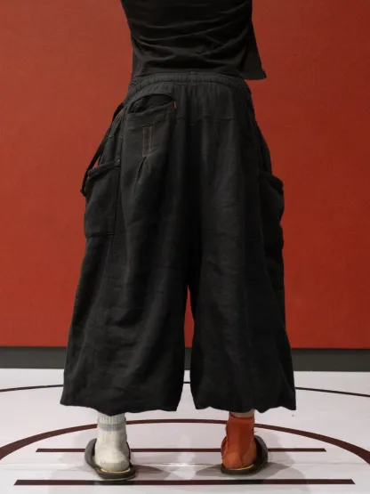 FLAX PLEATED WIDE-LEG PANTS | BLACK