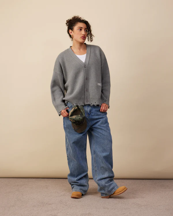 Cotton Knit Boxy Cardi|Distressed Grey Melange