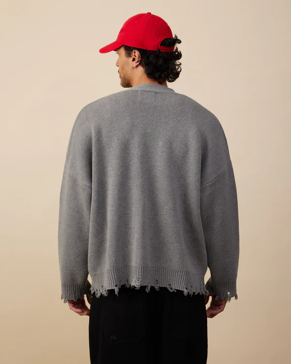 Cotton Knit Boxy Cardi|Distressed Grey Melange