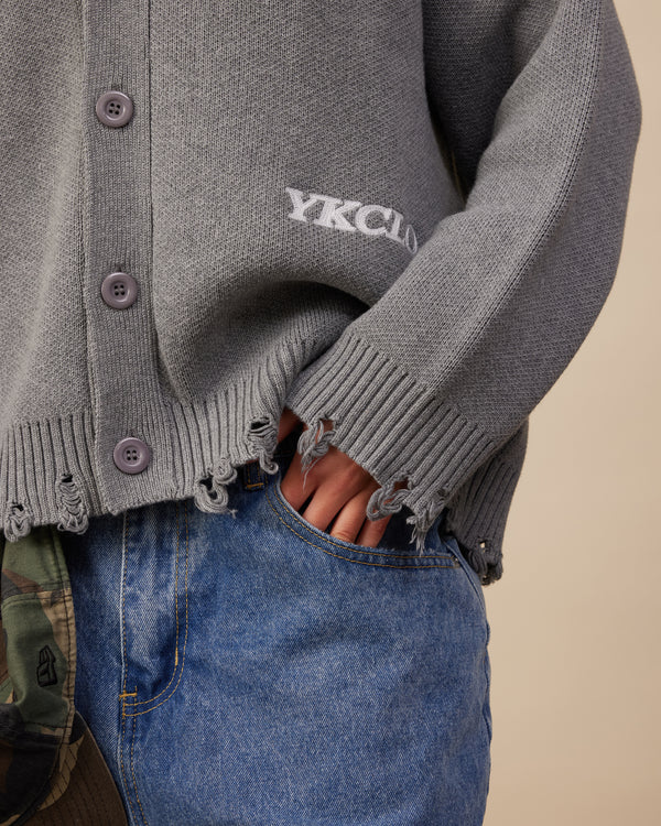 Cotton Knit Boxy Cardi|Distressed Grey Melange