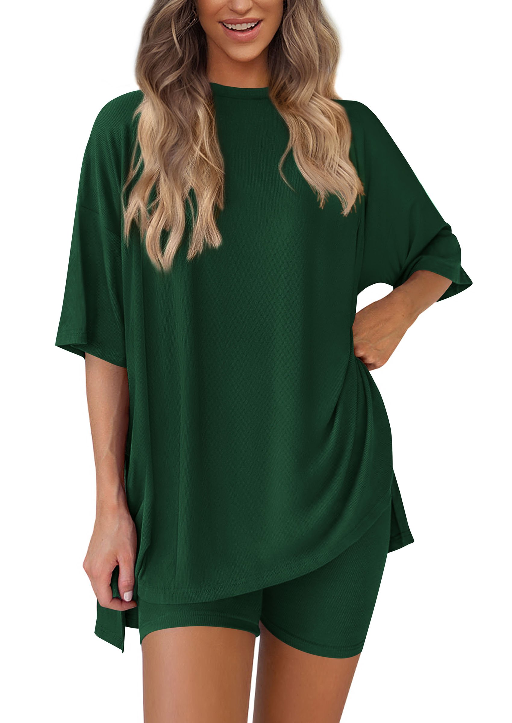 😍Last Day Promotion 49% OFF --Women's Two Piece Lounge Set 2026 Summer Casual Oversized Shirts Biker Shorts Matching Airport Travel Outfit Split Hem