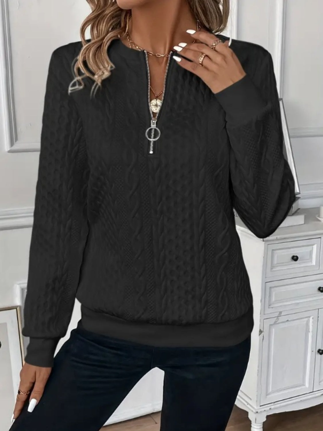 ⏰Black Friday Deals 70% OFF：Texture Half Zip Long Sleeve Sweatshirt