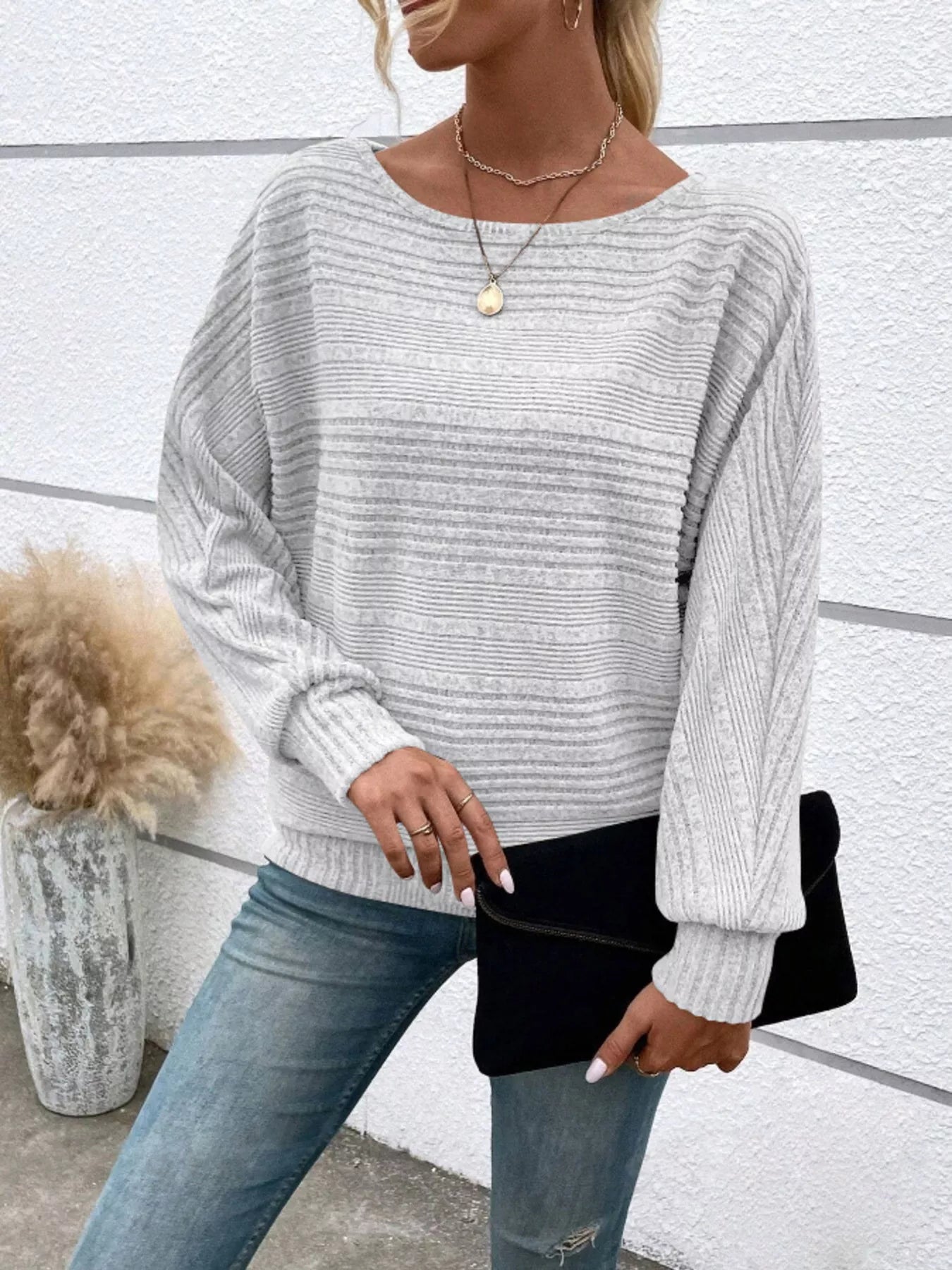 Ribbed Round Neck Long Sleeve Top