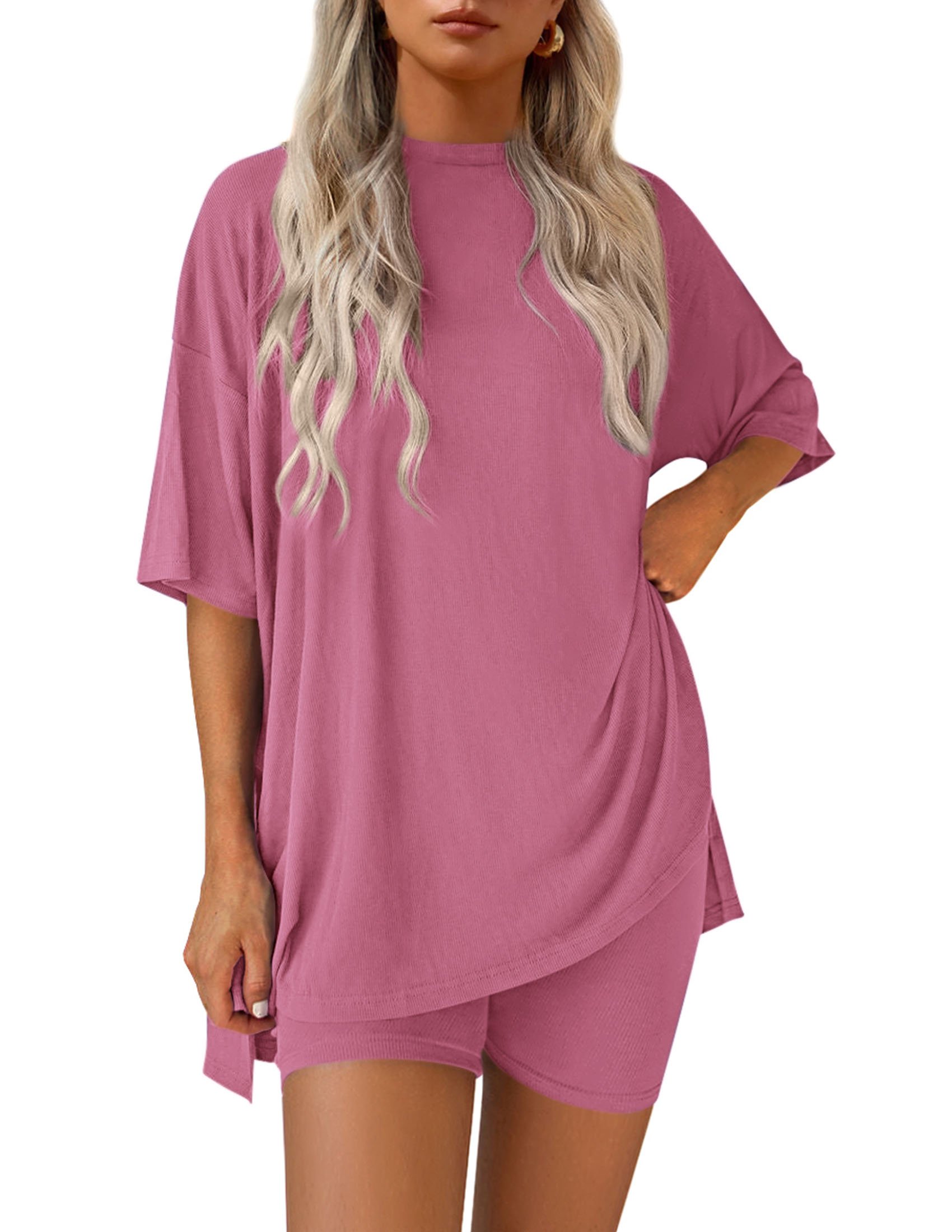 😍Last Day Promotion 49% OFF --Women's Two Piece Lounge Set 2026 Summer Casual Oversized Shirts Biker Shorts Matching Airport Travel Outfit Split Hem