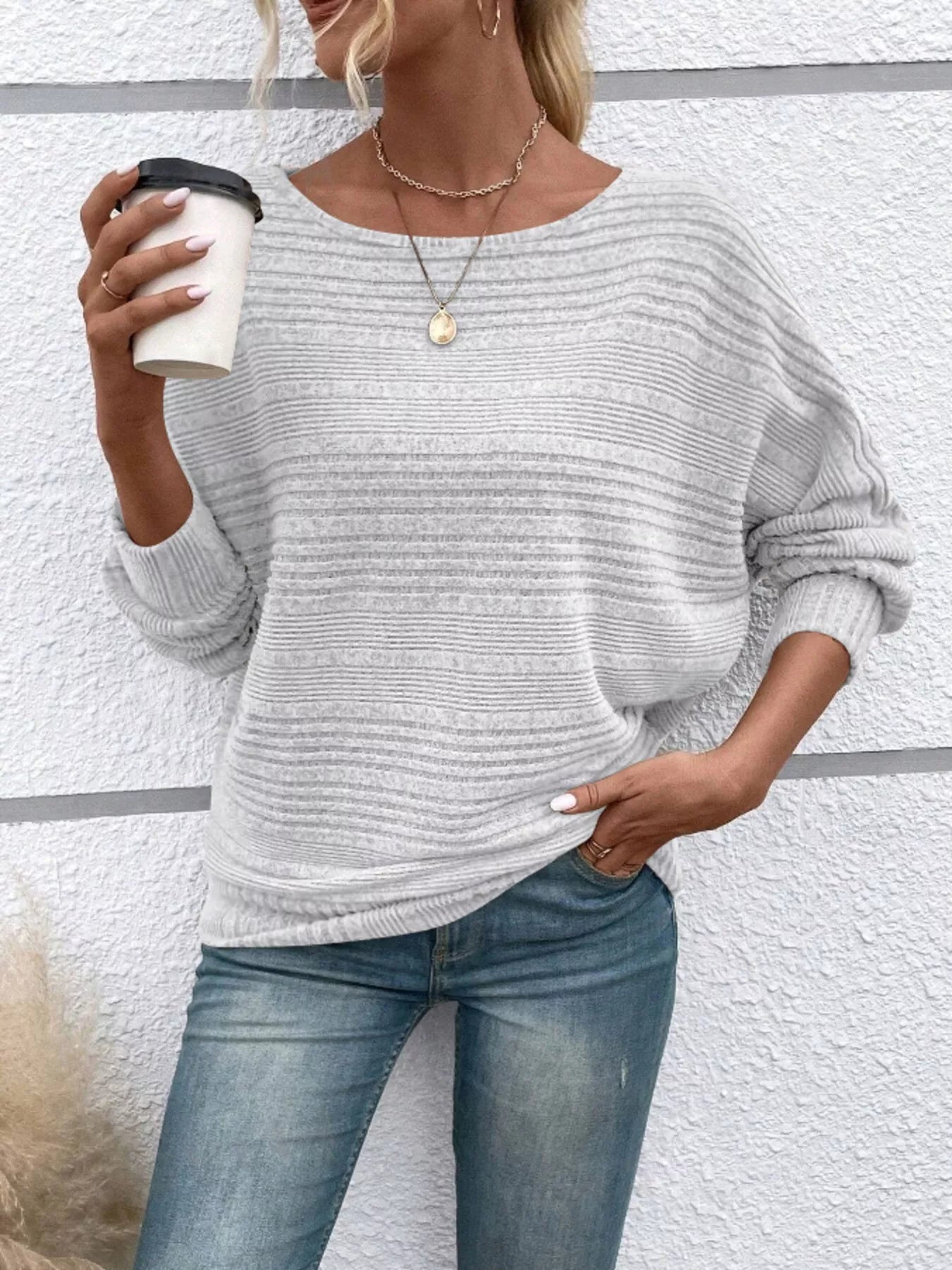 Ribbed Round Neck Long Sleeve Top
