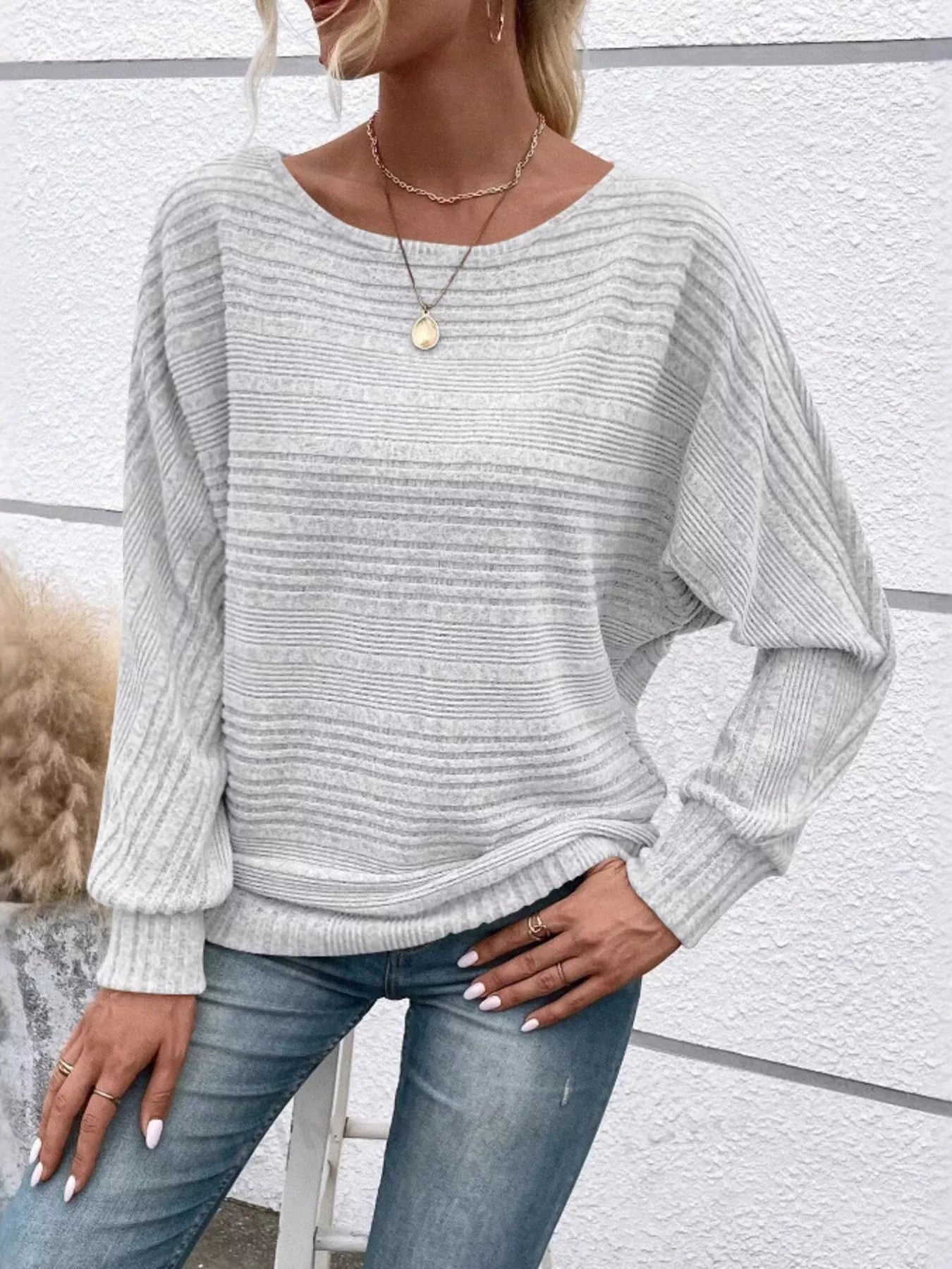 Ribbed Round Neck Long Sleeve Top