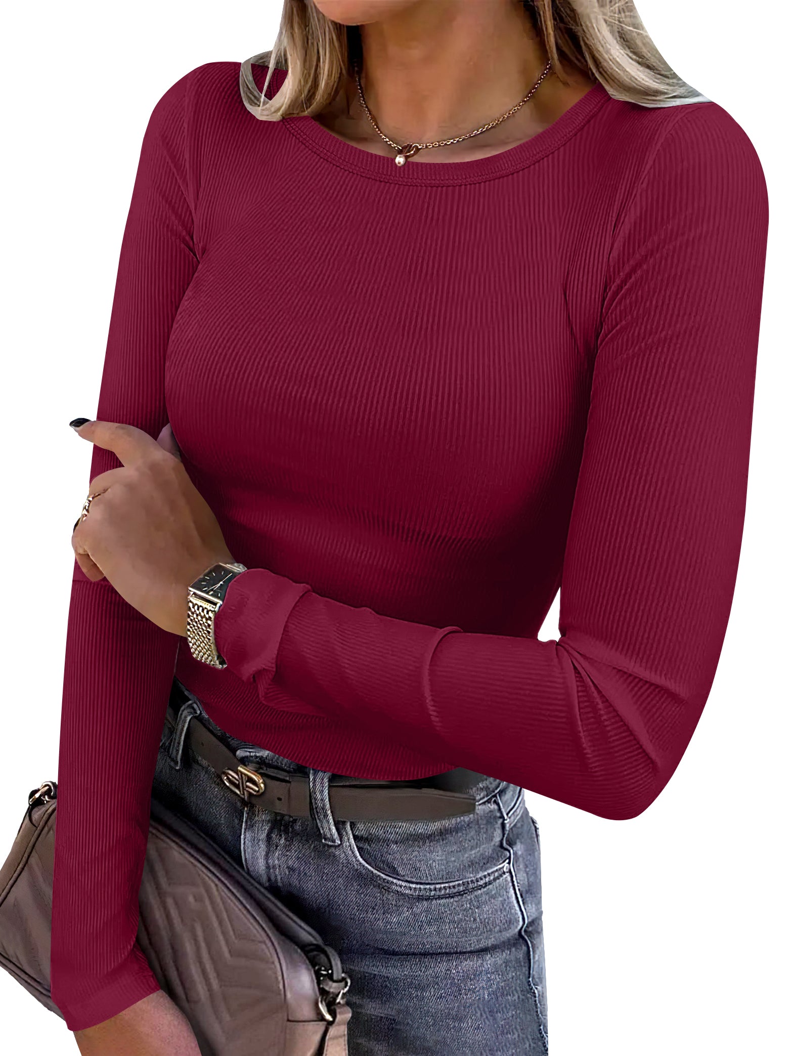 ANRABESS Women's Long Sleeve Rib-Knit Shirt
