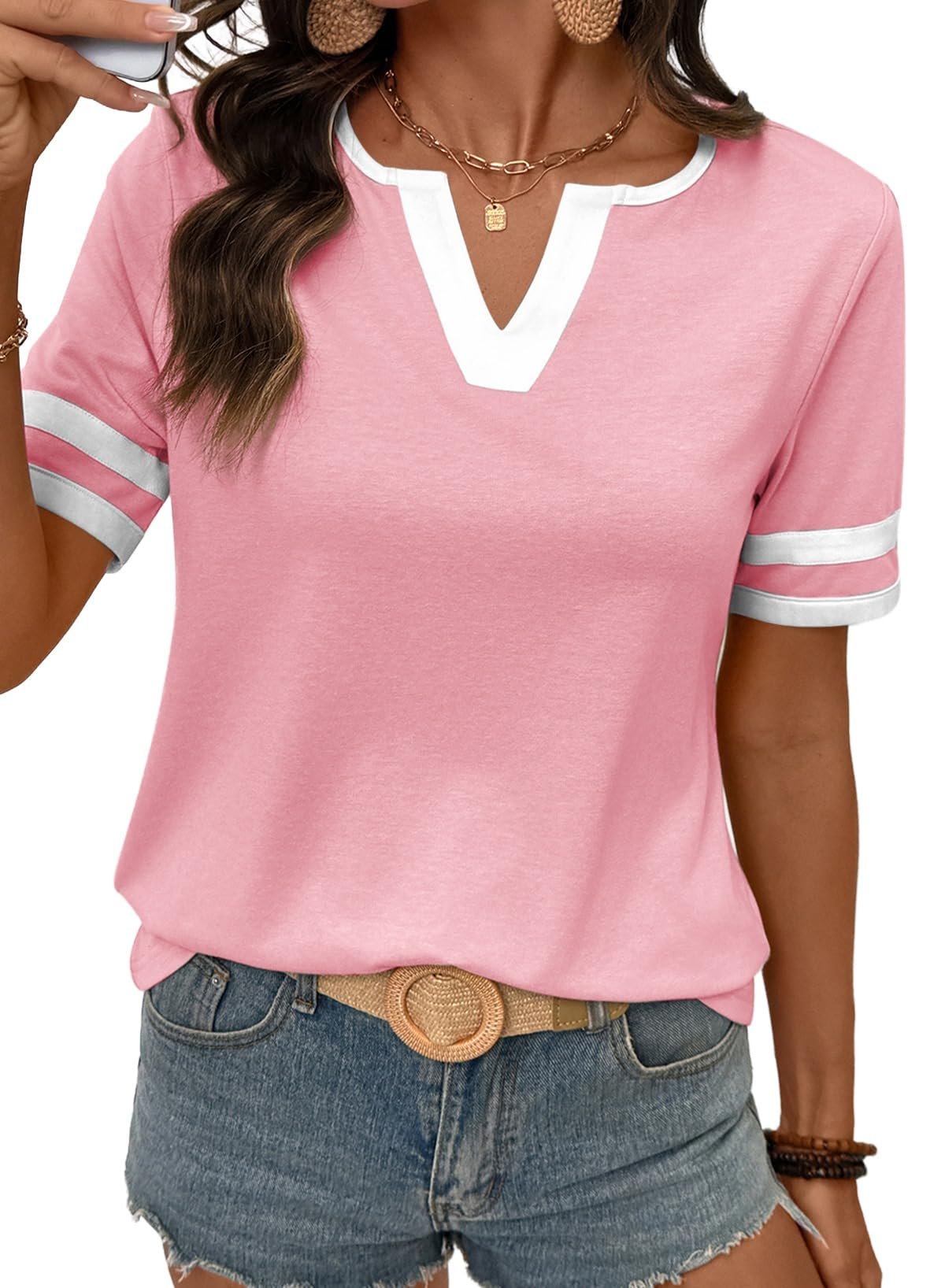 🌞2026 Spring/Summer Women's Casual Colorblock V-Neck T-Shirt - White with Black Trim, Short Sleeve Loose Fit Top with Striped Cuffs