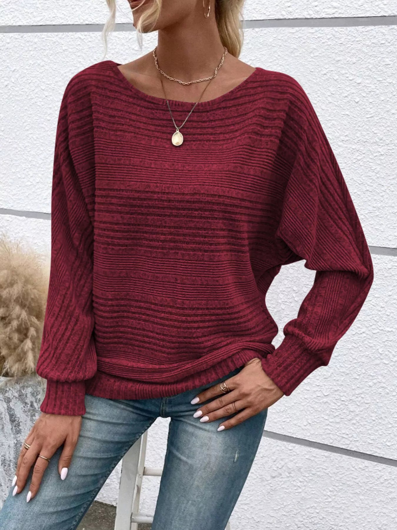 Ribbed Round Neck Long Sleeve Top
