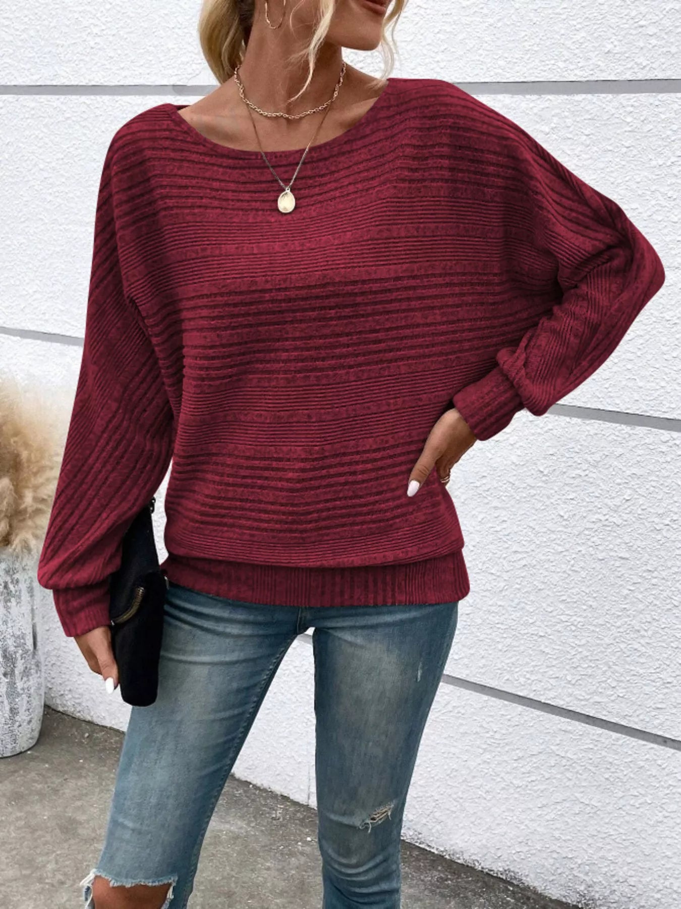 Ribbed Round Neck Long Sleeve Top