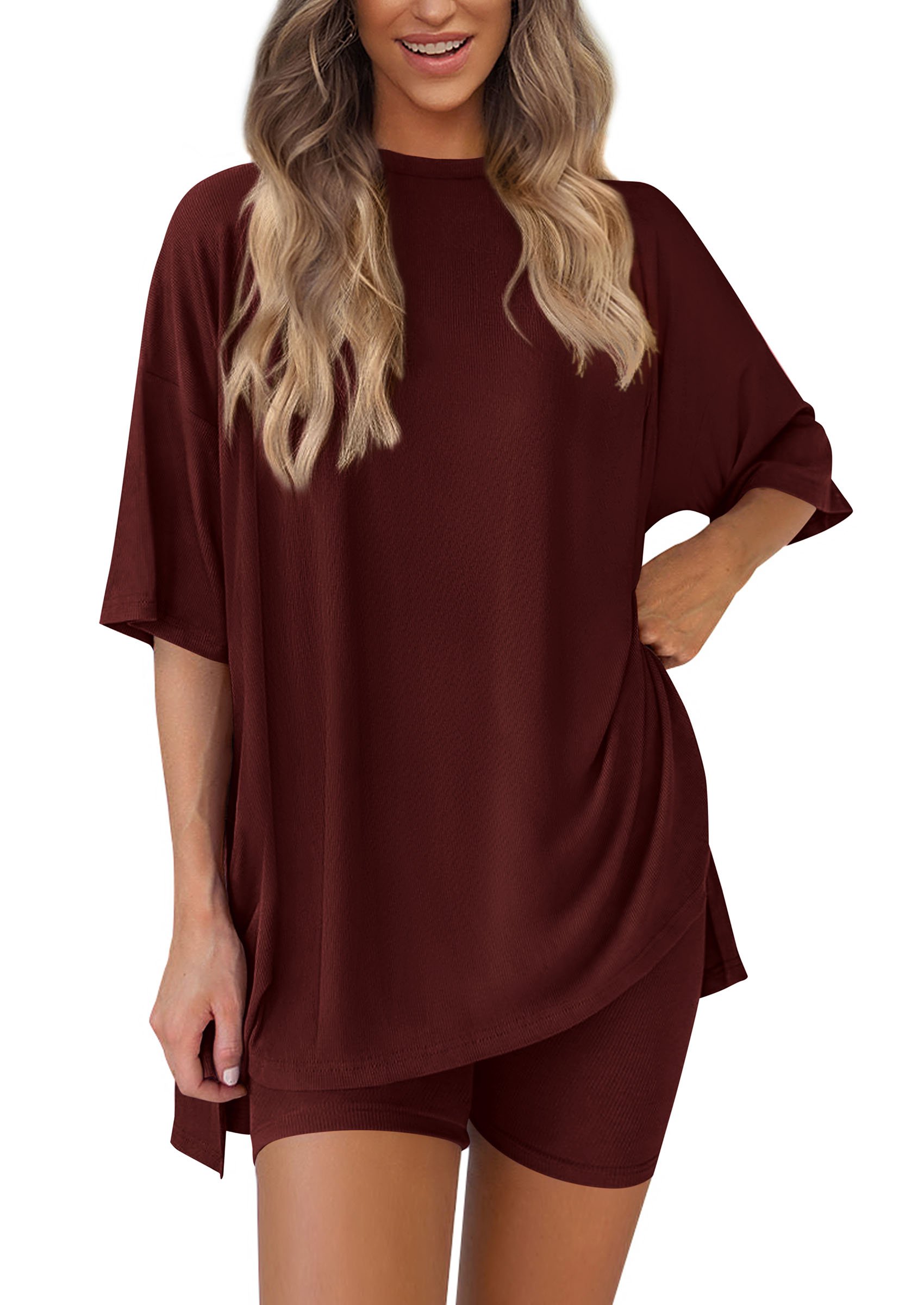 😍Last Day Promotion 49% OFF --Women's Two Piece Lounge Set 2026 Summer Casual Oversized Shirts Biker Shorts Matching Airport Travel Outfit Split Hem